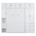 White Full Size Murphy Bed with Lockers and Wardrobes, MDF+Pine, 108.4''L x 15.7''W x 99''H