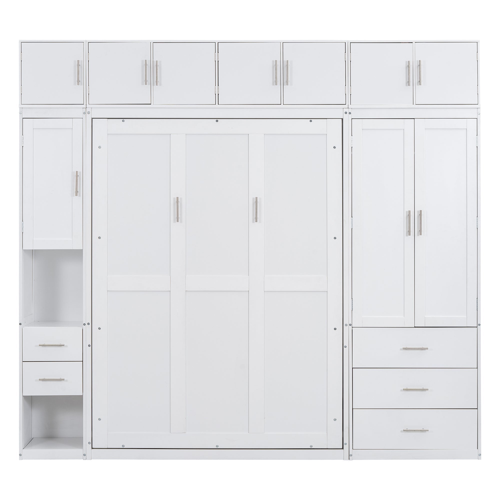 White Full Size Murphy Bed with Lockers and Wardrobes, MDF+Pine, 108.4''L x 15.7''W x 99''H