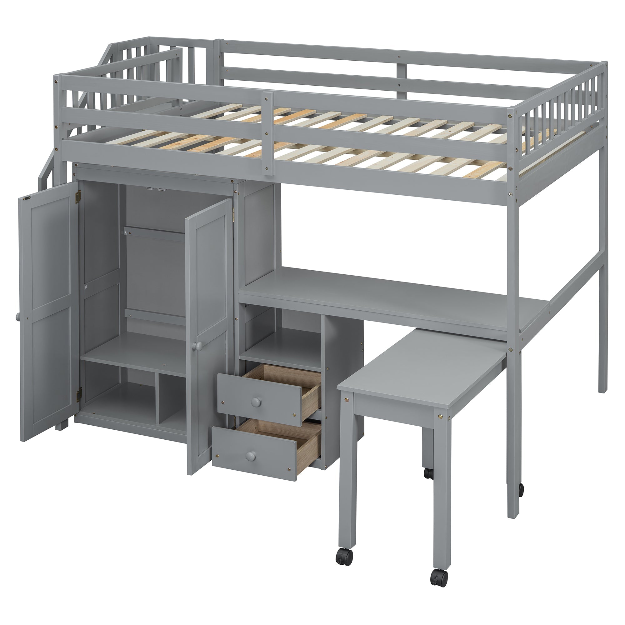 Full Size Loft Bed with Stairs, Bookshelf, Drawers, Desk & Wardrobe – Space-Saving Multifunctional Furniture for Kids & Teens-Gray