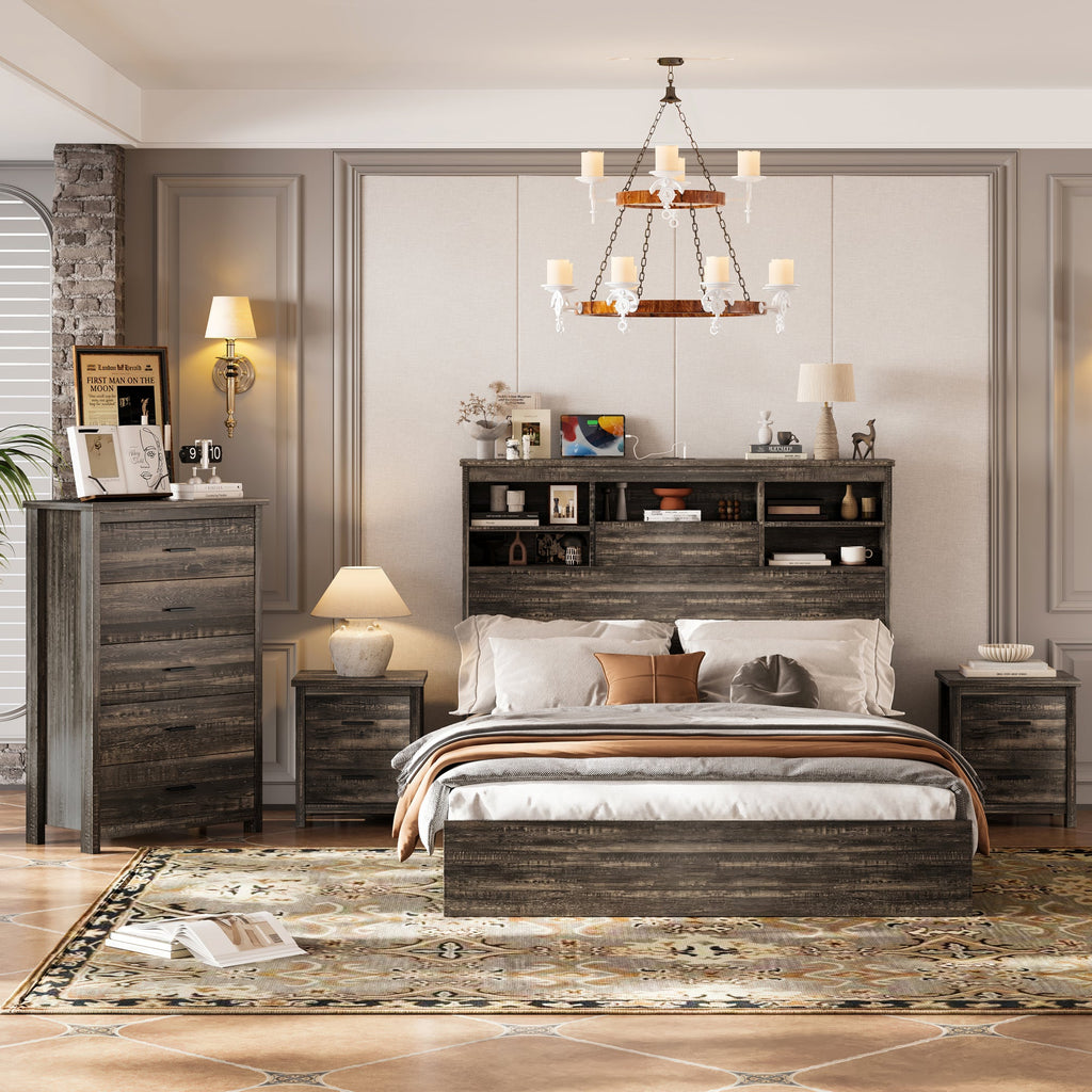 4PCS Bedroom Sets, Wooden Queen Size Bed Frame with Storage Headboard and Charging Station, 2 Nightstands with 2 Drawers, 1 Dresser with 5 Drawers, Antique Gray