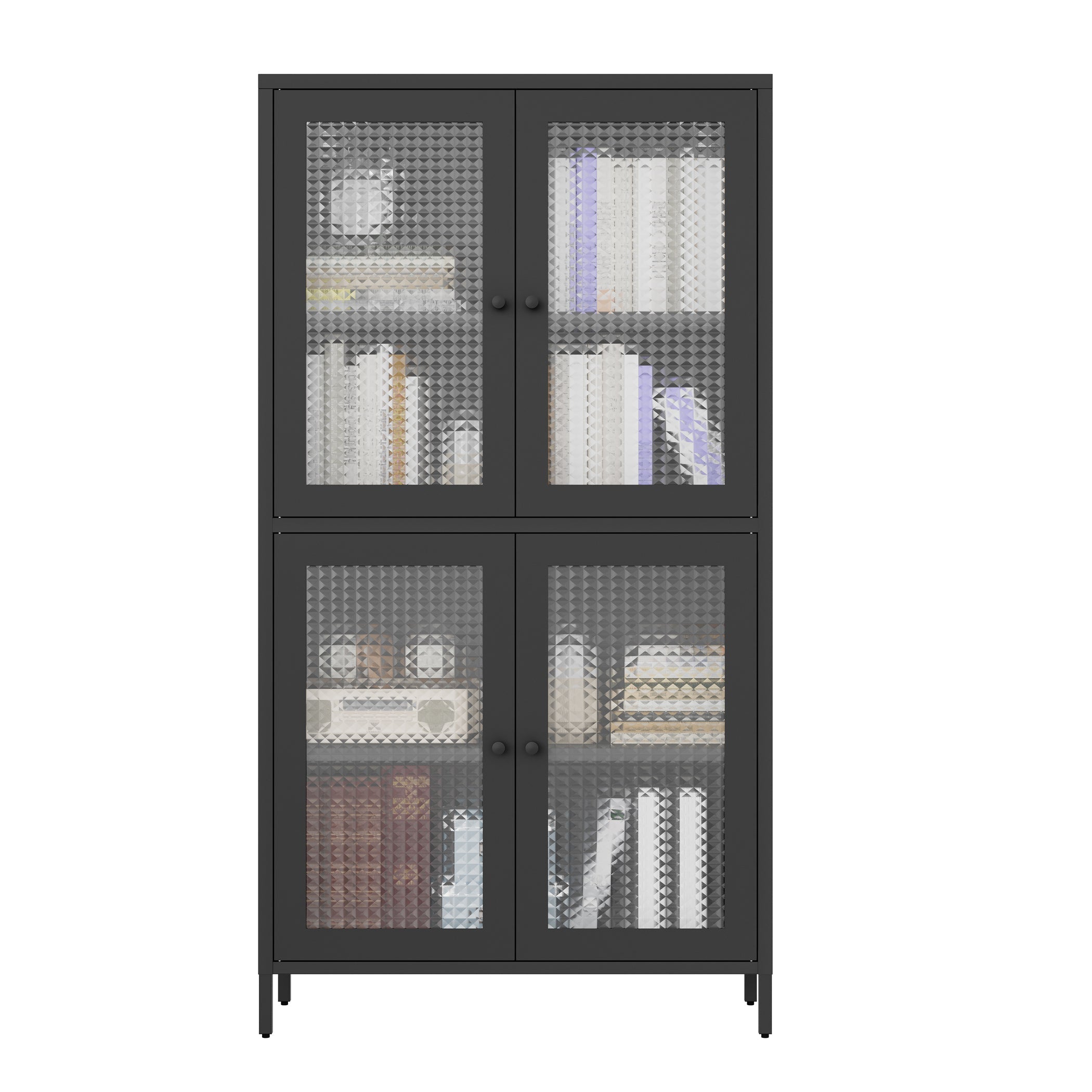 Classic Metal Storage Cabinet Display Cabinet with 4 Glass Doors 4 Shelves Cabinet  Bookcase Side Cabinet for Home Office Living Room Kitchen Hallway - Black, Waffle Grids Tempered Glass