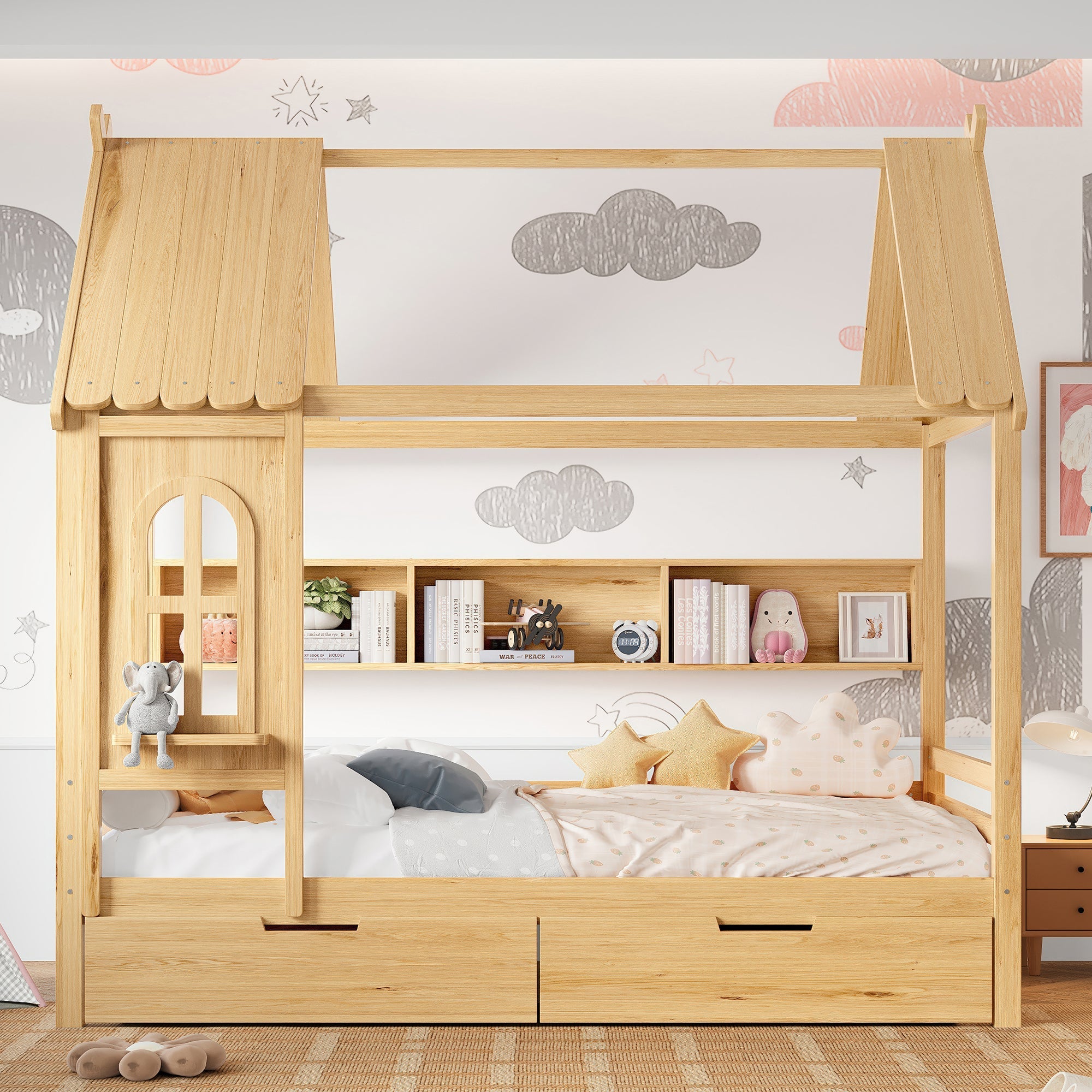 Full house Beds with Storage Drawers and Window, Solid Wood House Platform Bed Frame with shelves, for Kids, Girls, Boys, No Spring Box Needed and Childlike Design, Natural