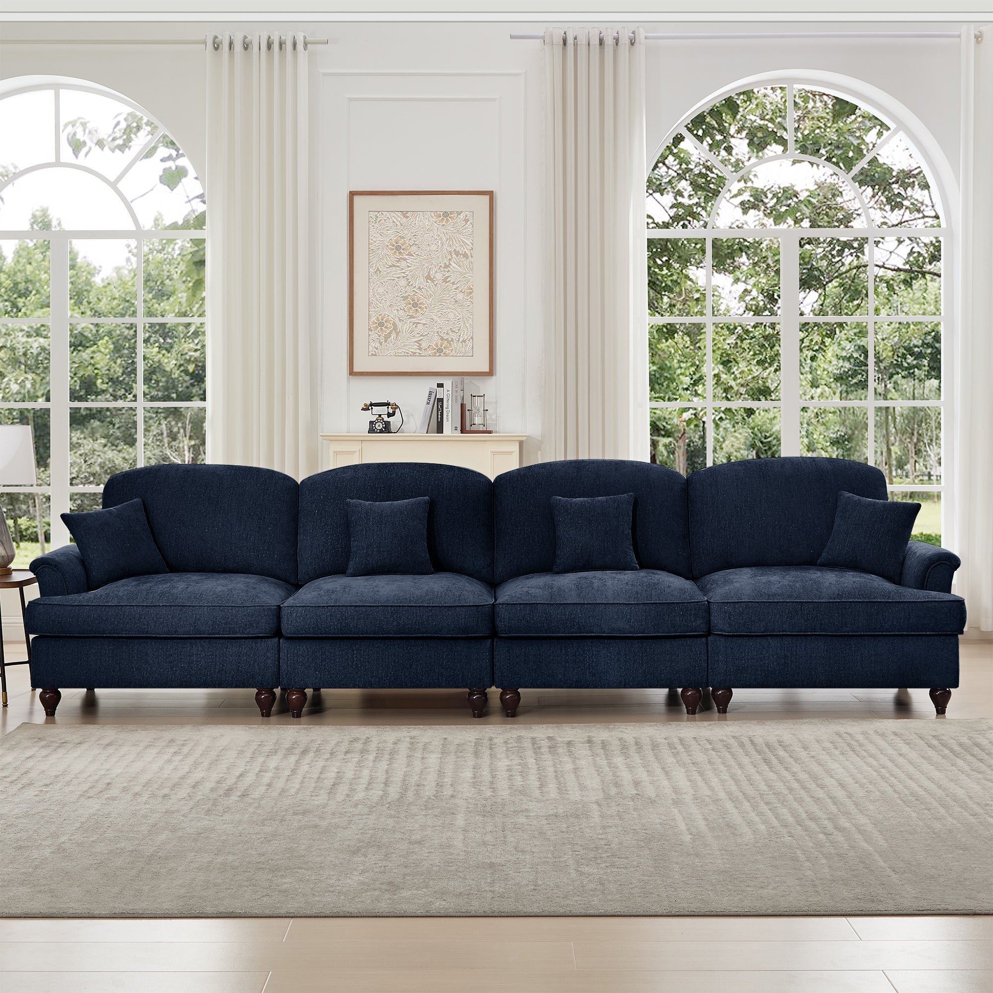 Elegant Mid Century Large 4 Seater Sofa Couch with Flared Arms and Removable Ruffles Pleats Skirts and Spindle Legs, Comfy Chenille Four-Seat Sofa for Living Room, Blue