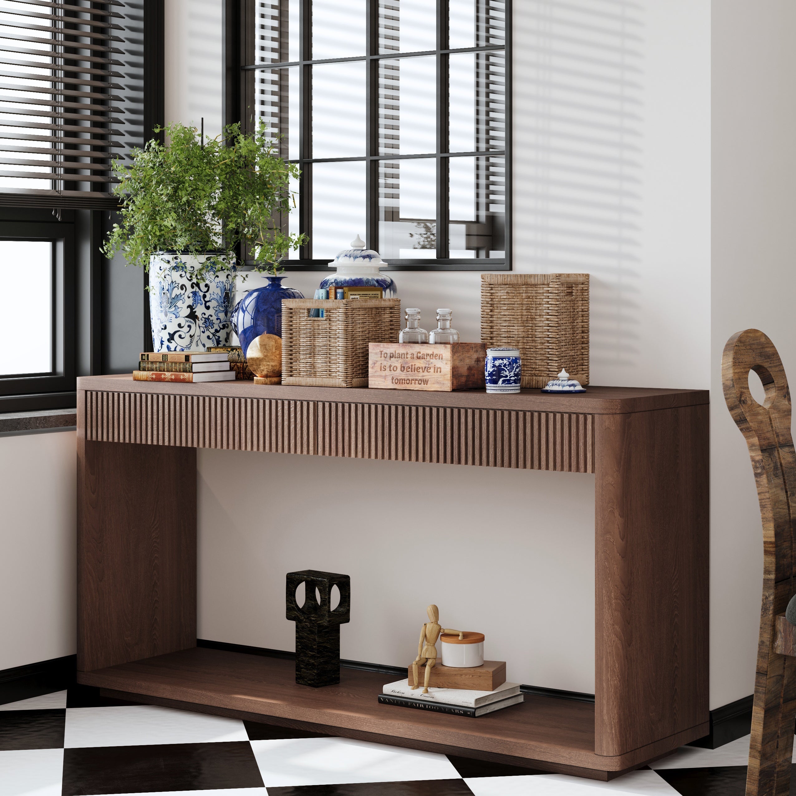 60' Modern 2-Drawer Fluted Console Table Natural Wood Veneer Sofa Table Behind Couch Table for Living Room, Hallway, Entryway, Home Office, Walnut