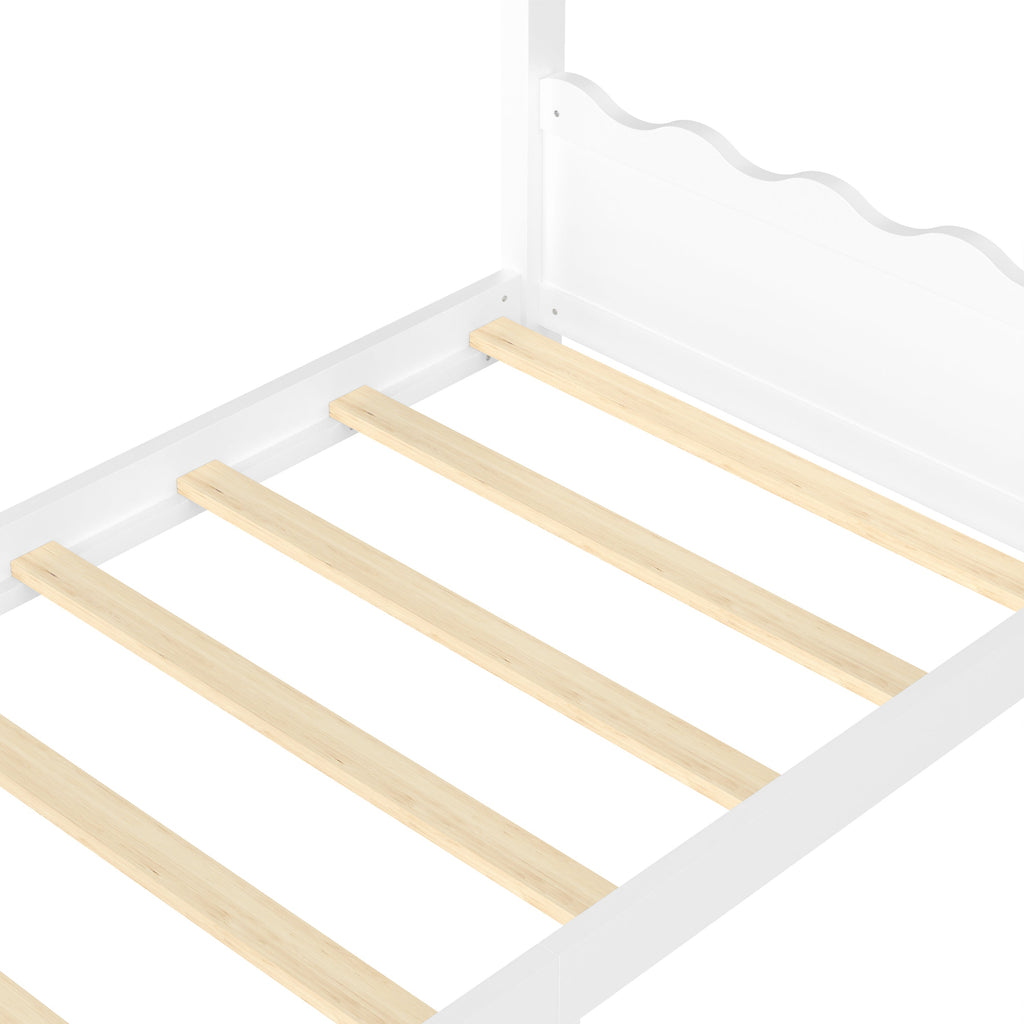 Twin House Floor Bed with Support Slats, Solid Wood House Bed Frame for Kids, No Box Spring Needed and Opening Constructure, White
