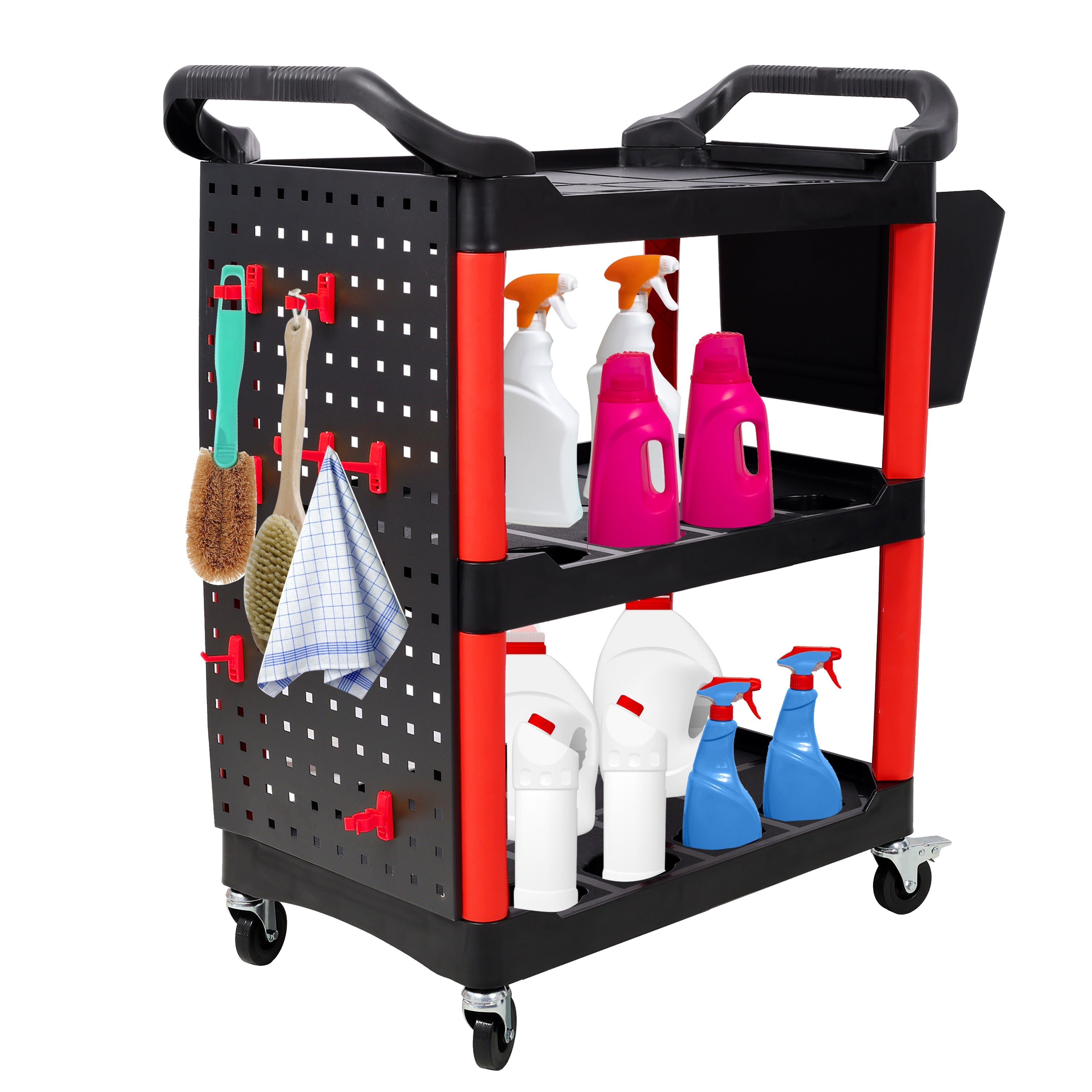 3 Tier Rolling Auto Detail Cart With Wheels,With Bucket & Panel & Hook,for Detailers Garage, Workshop, Repair Shop, Storage Tool,Red&Black