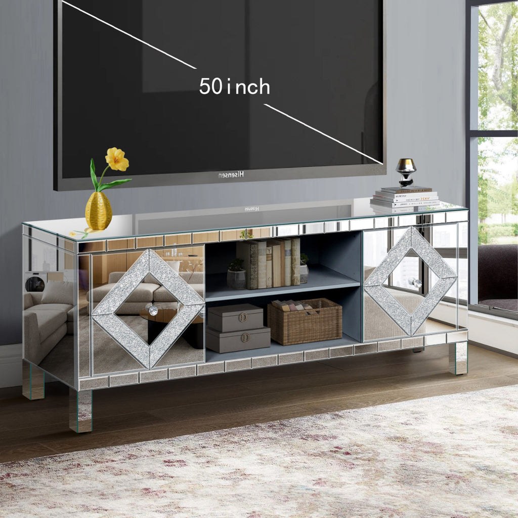 47 Inch Mirror TV Media Console with Diamond Glass Doors, Dual Door Design and Open Storage Space, Compatible with 50-Inch TVs&Modern Decor for Living Room & Bedroom