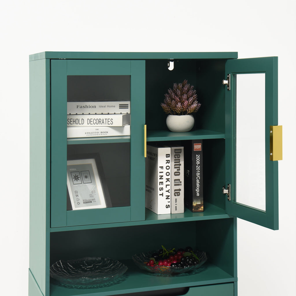 Tall Storage Bookcase with 2 Glass Display Door & 2 Doors, Tall Kitchen Pantry Cabinet with Gold Handles, Modern Cabinet Freestanding Living Room Green
