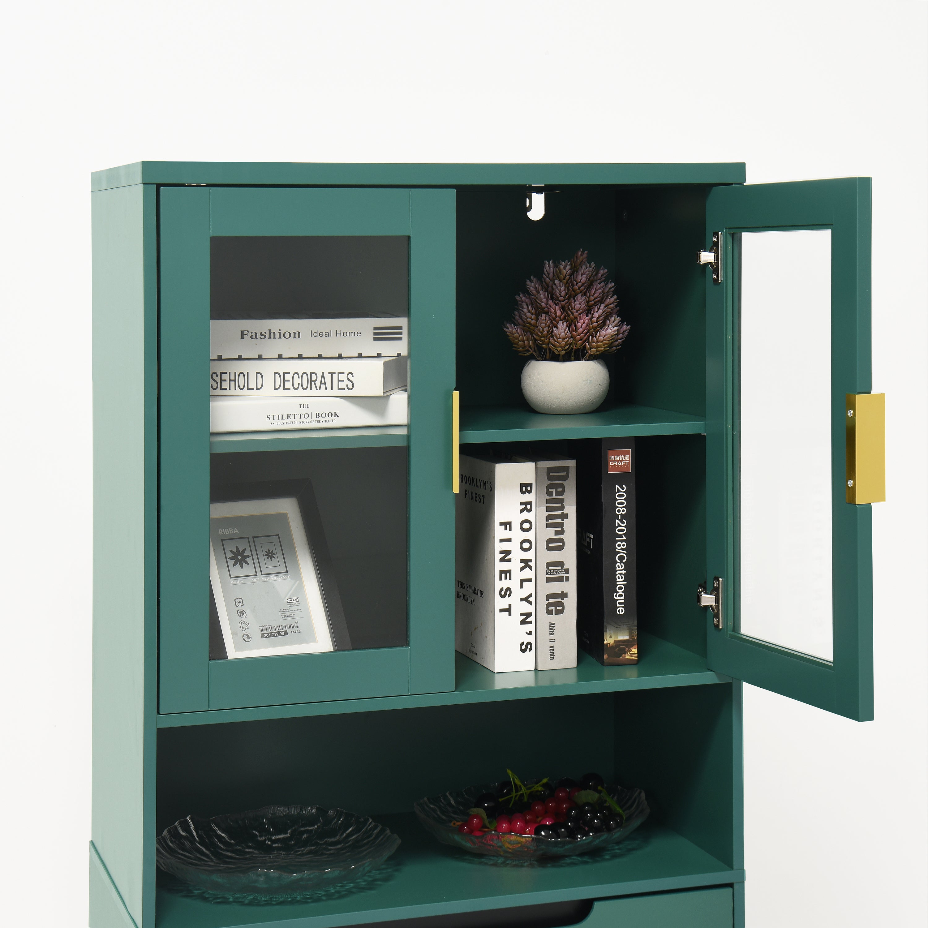 Tall Storage Bookcase with 2 Glass Display Door & 2 Doors, Tall Kitchen Pantry Cabinet with Gold Handles, Modern Cabinet Freestanding Living Room Green