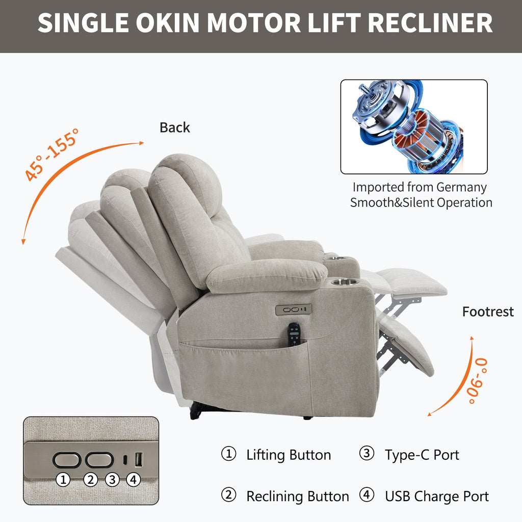 Up to 350 LBS polyester Power Lift Recliner Chair, Heavy Duty Motion Mechanism with 8-Point Vibration Massage and Lumbar Heating, USB and Type-C Ports, Stainless Steel Cup Holders, Beige