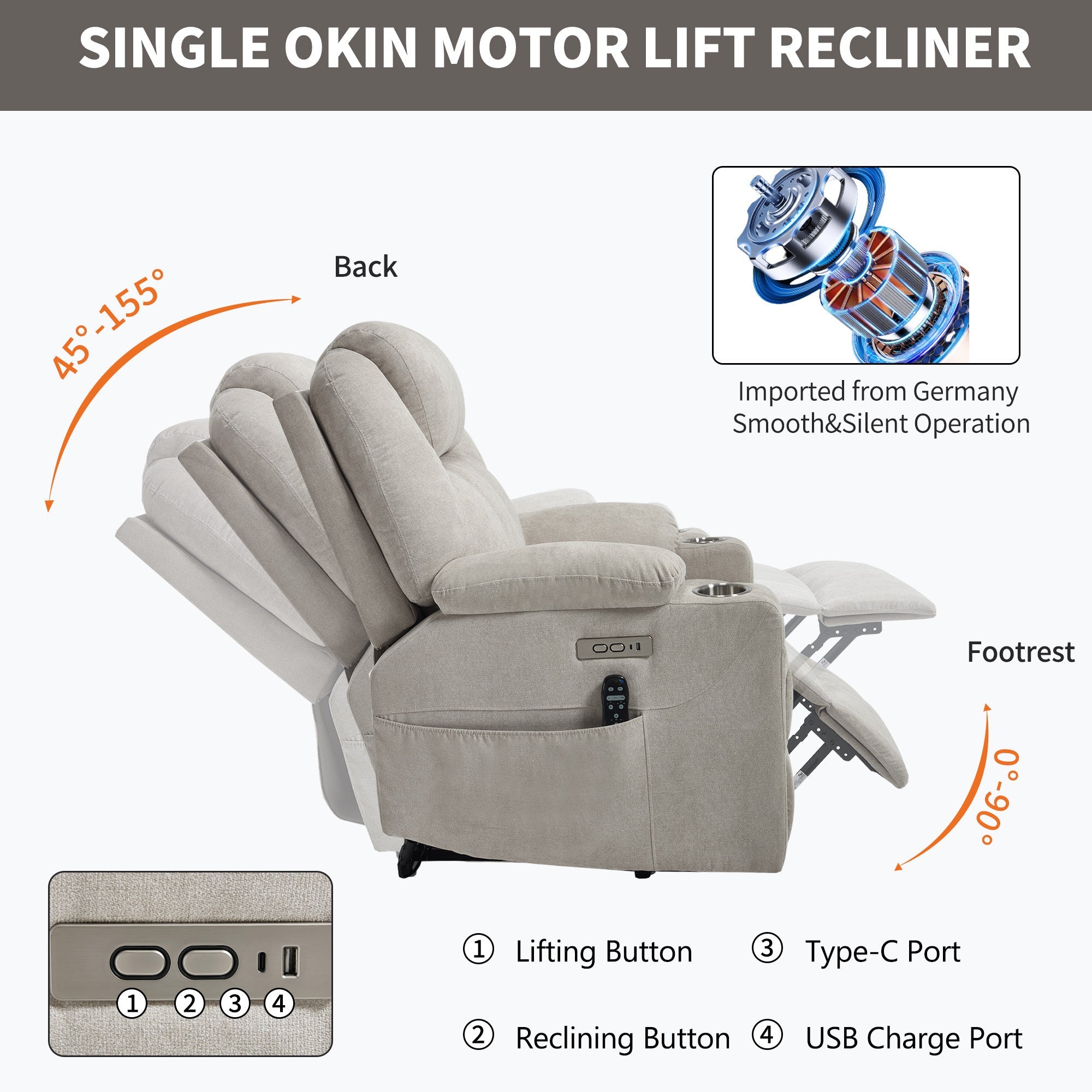 Up to 350 LBS polyester Power Lift Recliner Chair, Heavy Duty Motion Mechanism with 8-Point Vibration Massage and Lumbar Heating, USB and Type-C Ports, Stainless Steel Cup Holders, Beige