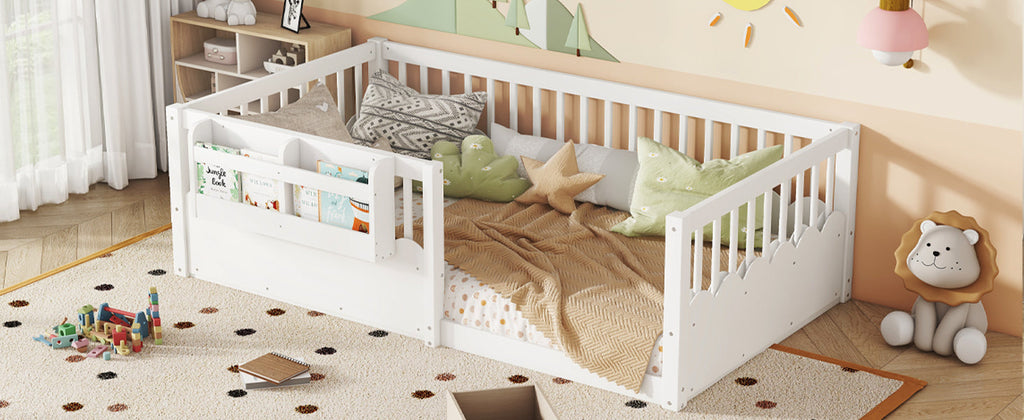 Twin Floor bed with Heightened Fence and bookshelf ,Wood Floor Bed for Kids, White.
