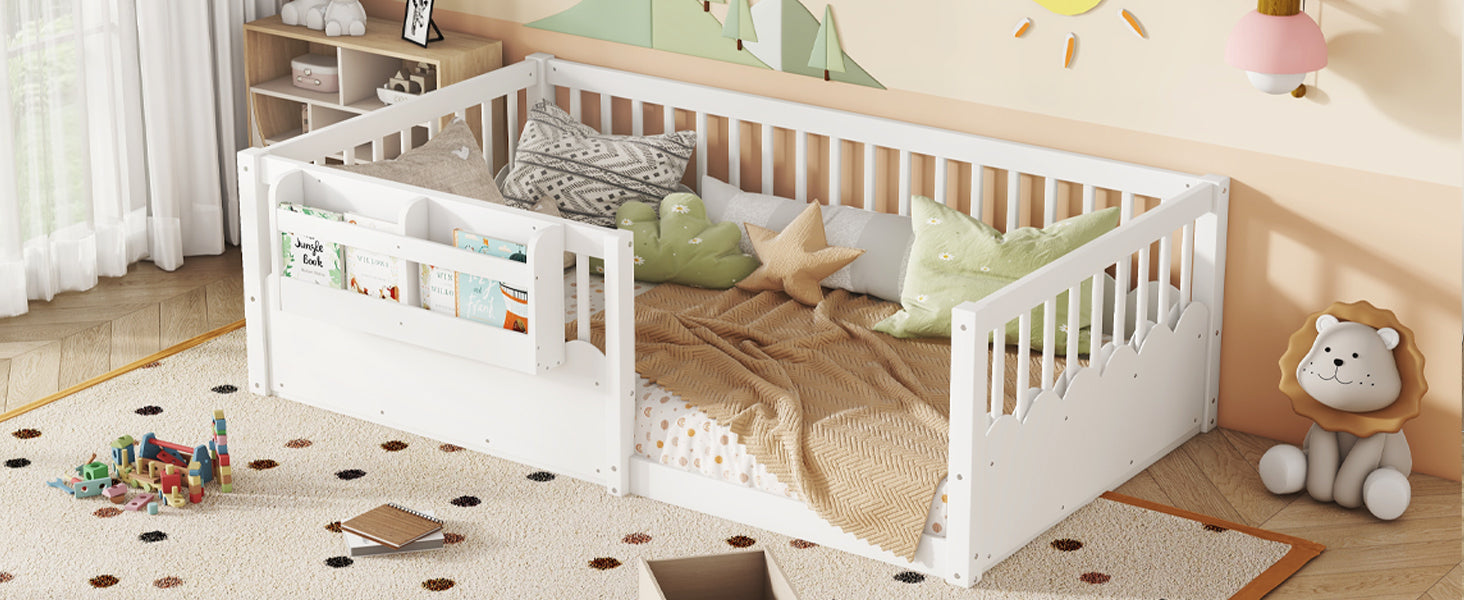 Twin Floor bed with Heightened Fence and bookshelf ,Wood Floor Bed for Kids, White.