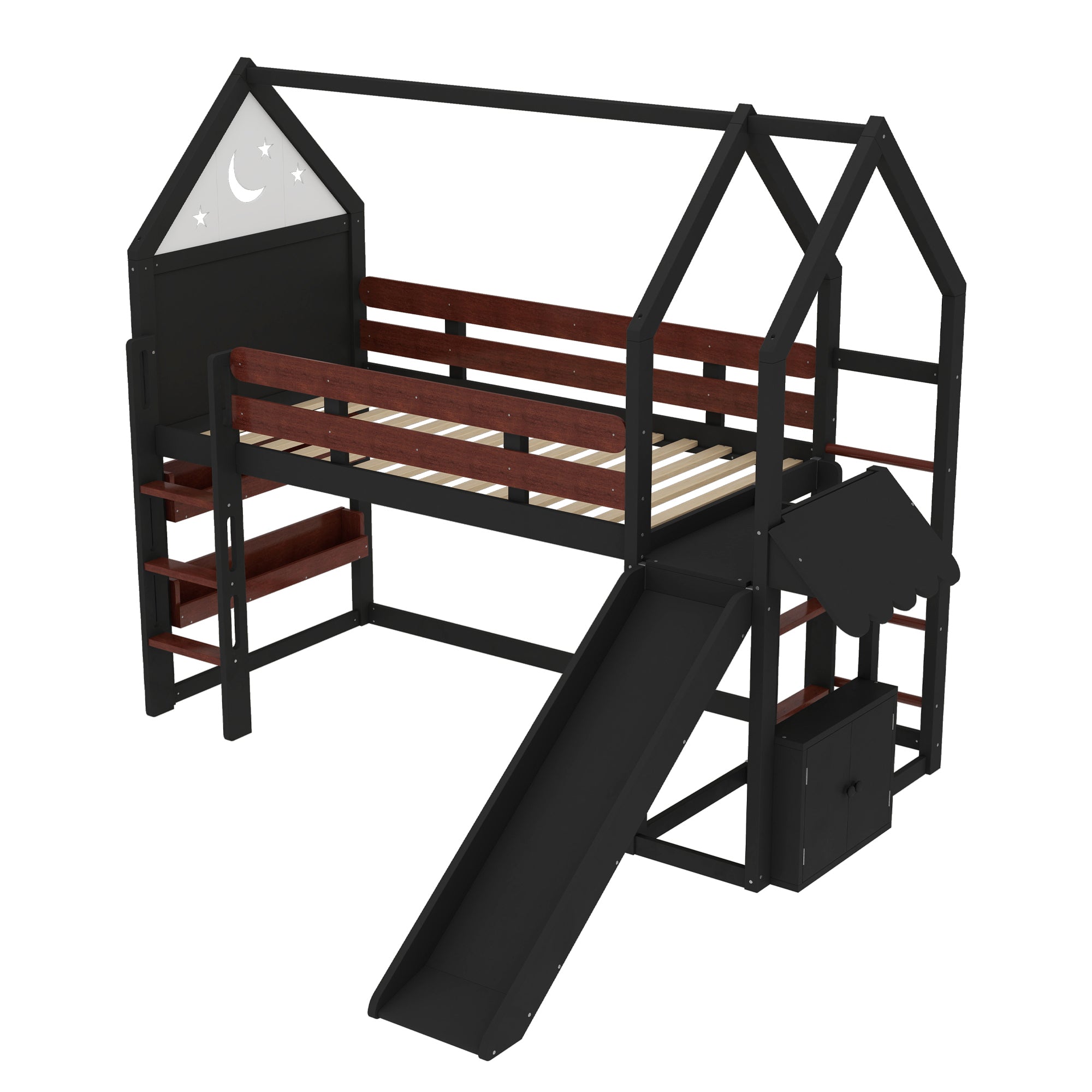 Twin Size Loft Bed with Bookshelf Playful Design for Kids House-Shaped Structure with Slide High-Quality Safety Rails,Beige/Natural /Black