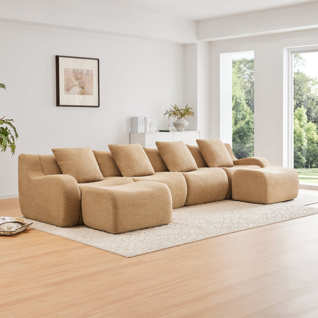 U-Shaped Boneless Sofa,Teddy Fabric No assembly required   Curved armrest,Anti-slip Design,Streamlined Design 32D High Density Sponge,Full Compression Vacuum Packag,For Studies living Rooms,Camel