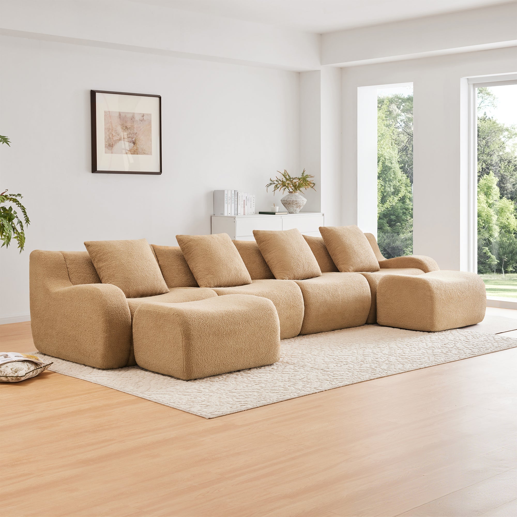 U-Shaped Boneless Sofa,Teddy Fabric No assembly required   Curved armrest,Anti-slip Design,Streamlined Design 32D High Density Sponge,Full Compression Vacuum Packag,For Studies living Rooms,Camel