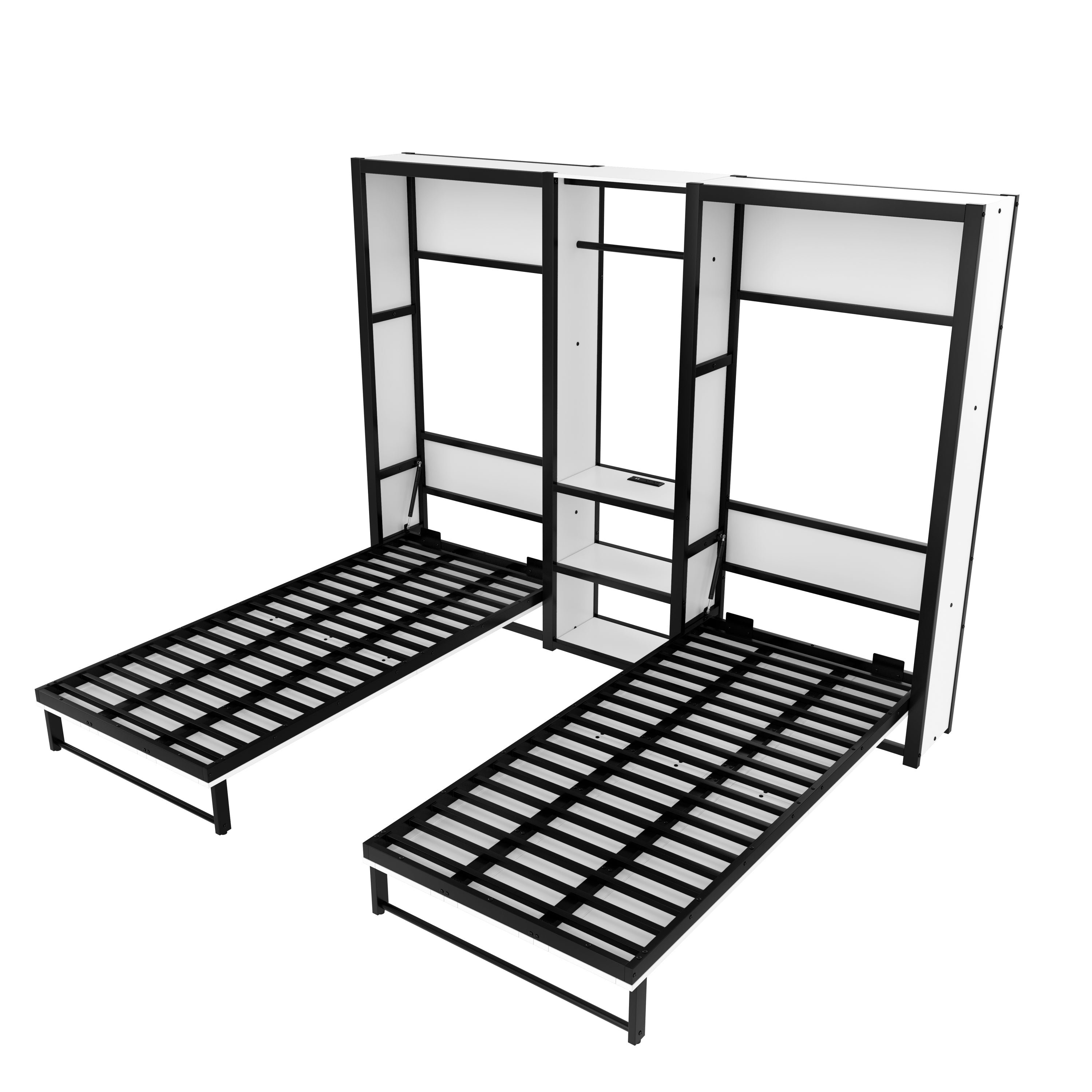Twin and Twin Murphy Bed, Metal Foldable Murphy Bed with Wardrobe, Shelves and Power Outlets, 2 in 1 Design, Space-saving, White