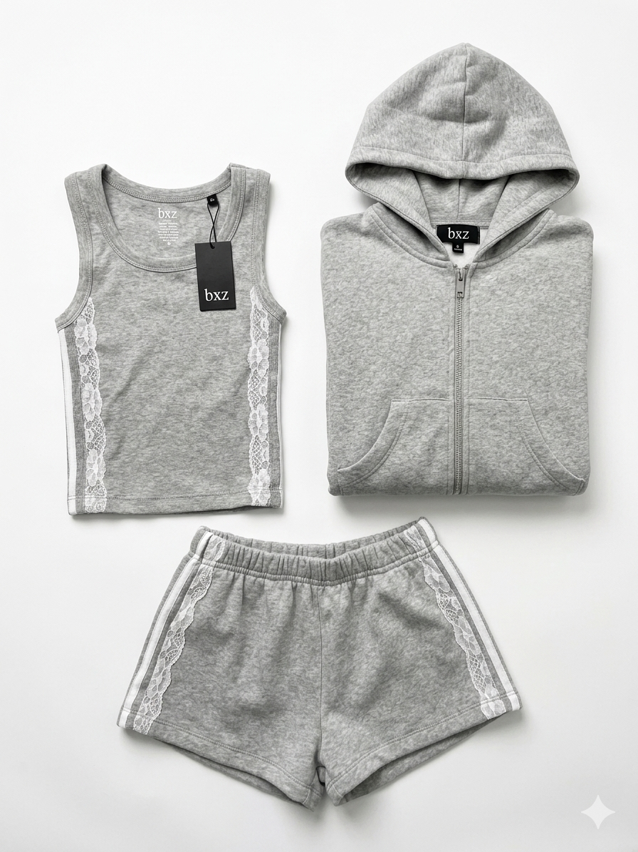 FBZ Grey White Lace 3 piece Shorts Set