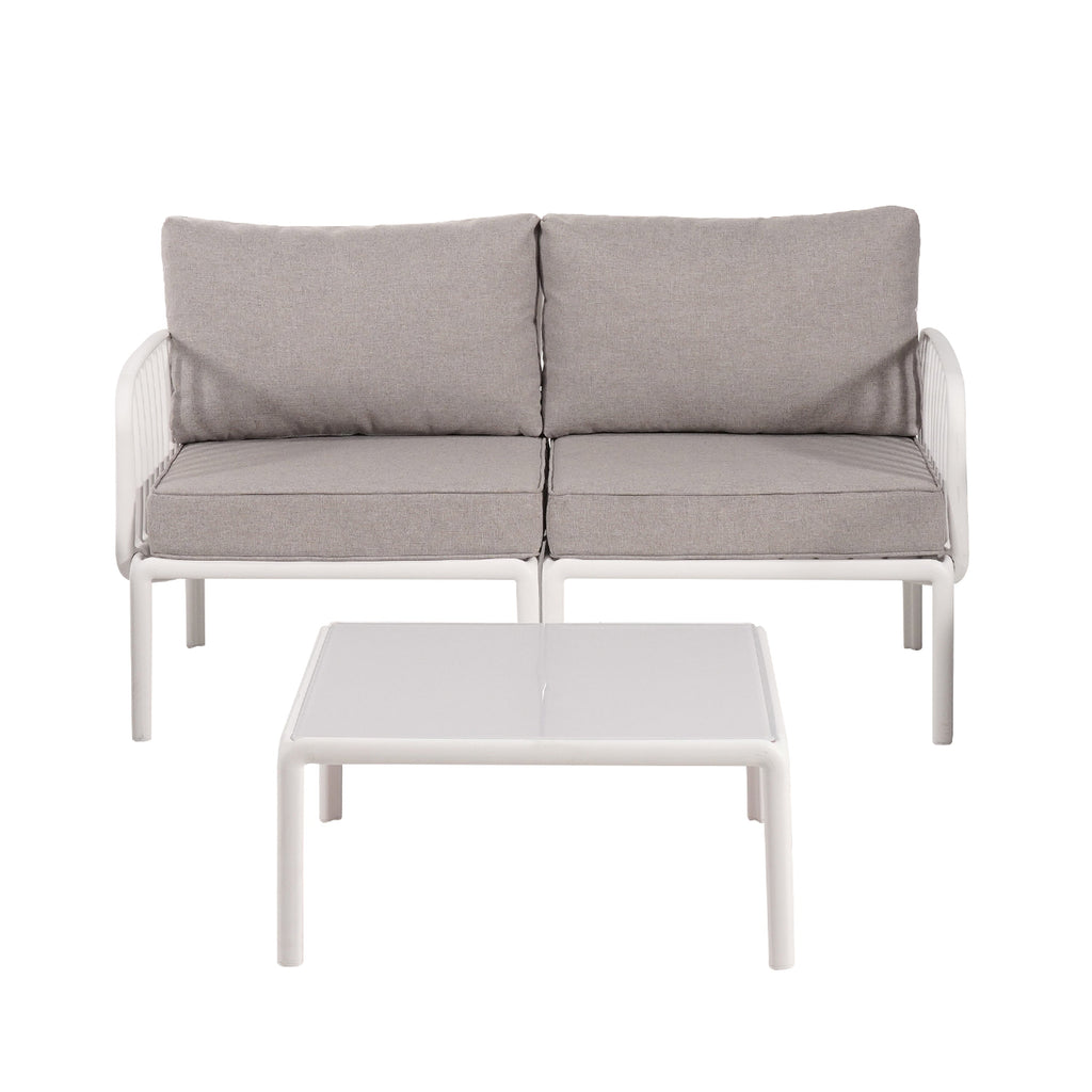 3 Piece Patio Conversation Sets, Modern Outdoor Patio Sectional Furniture Set with Square Coffee Table, Waterproof Thick Cushion Deep Seating for Porch, Balcony, White & Light Gray
