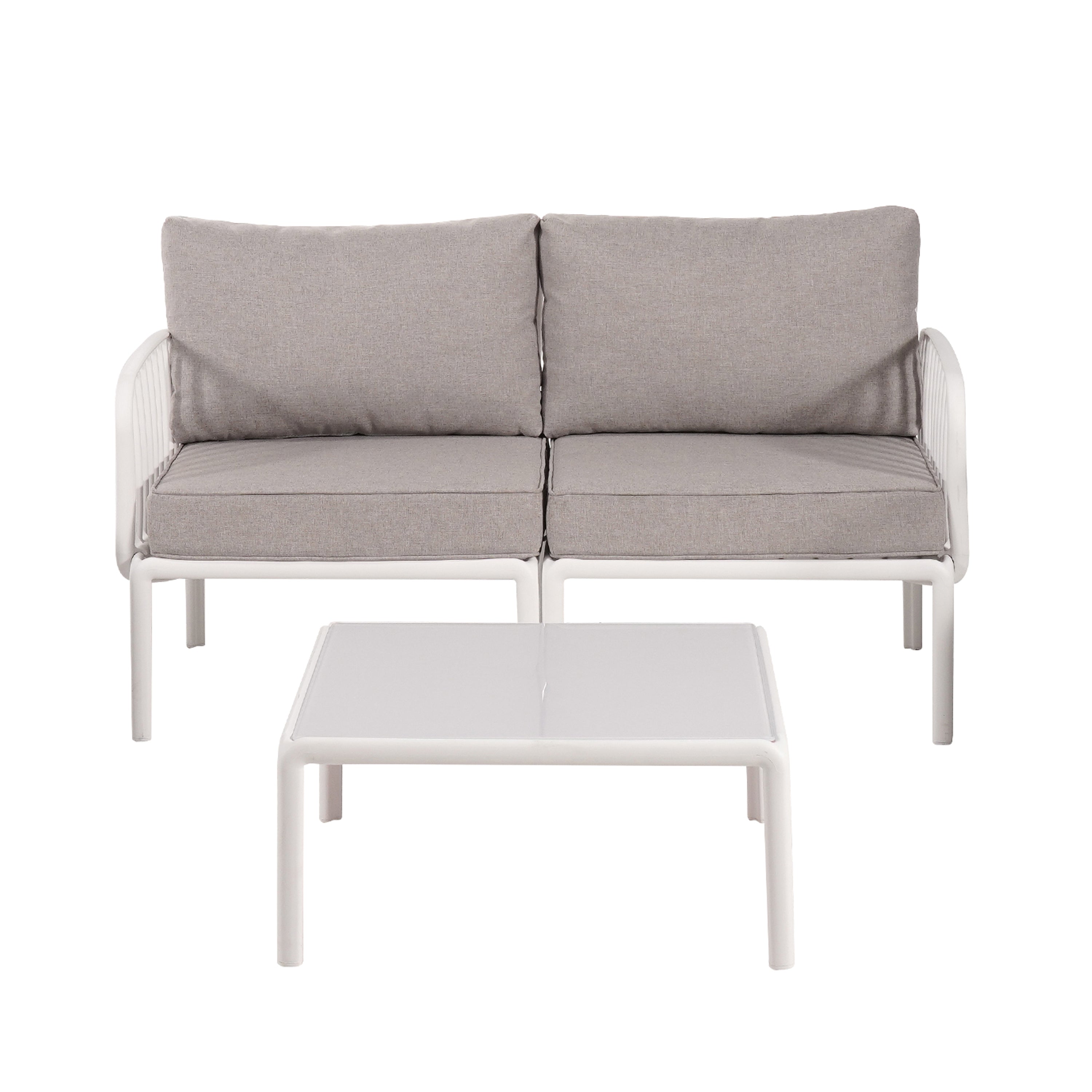 3 Piece Patio Conversation Sets, Modern Outdoor Patio Sectional Furniture Set with Square Coffee Table, Waterproof Thick Cushion Deep Seating for Porch, Balcony, White & Light Gray