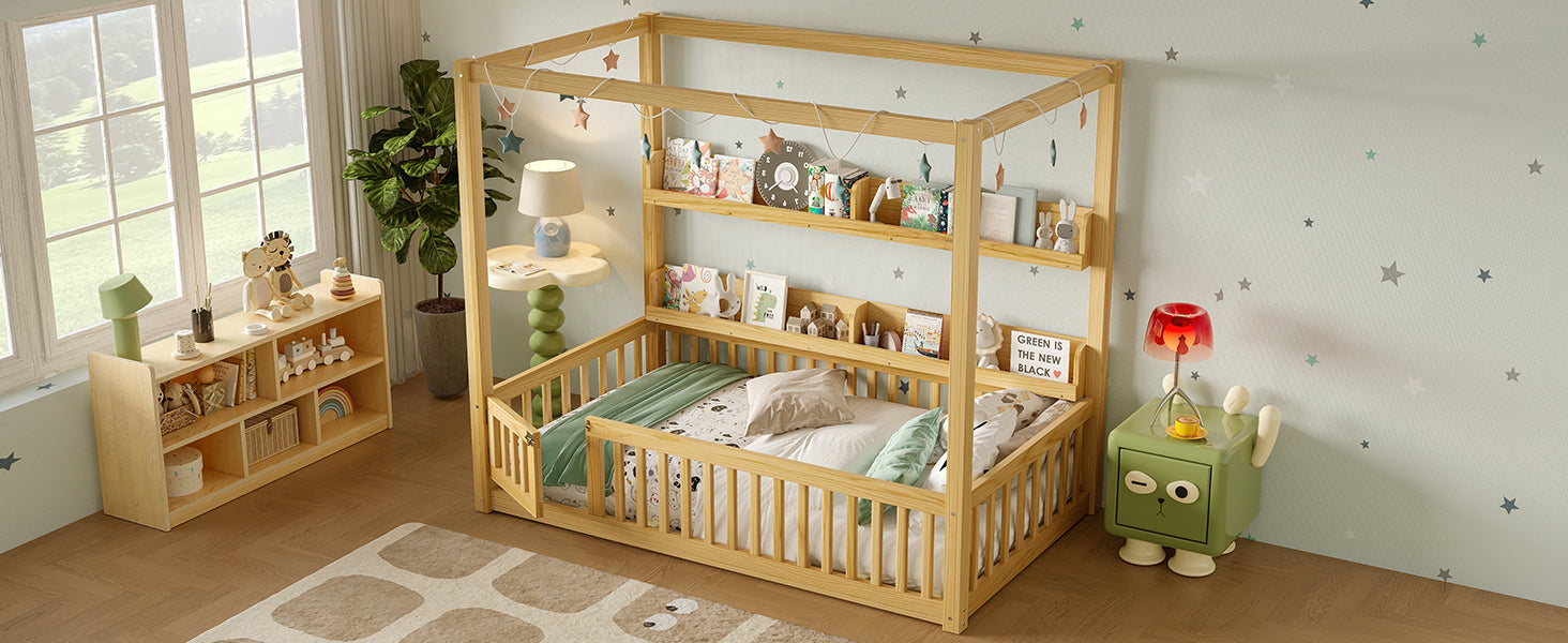 Twin Size Canopy Bed with Guardrails, Solid Wood Floor Bed with Shelves, Montessori Floor Bed Frame for Kids, Boys, Girls, No Spring Box Needed, Natural