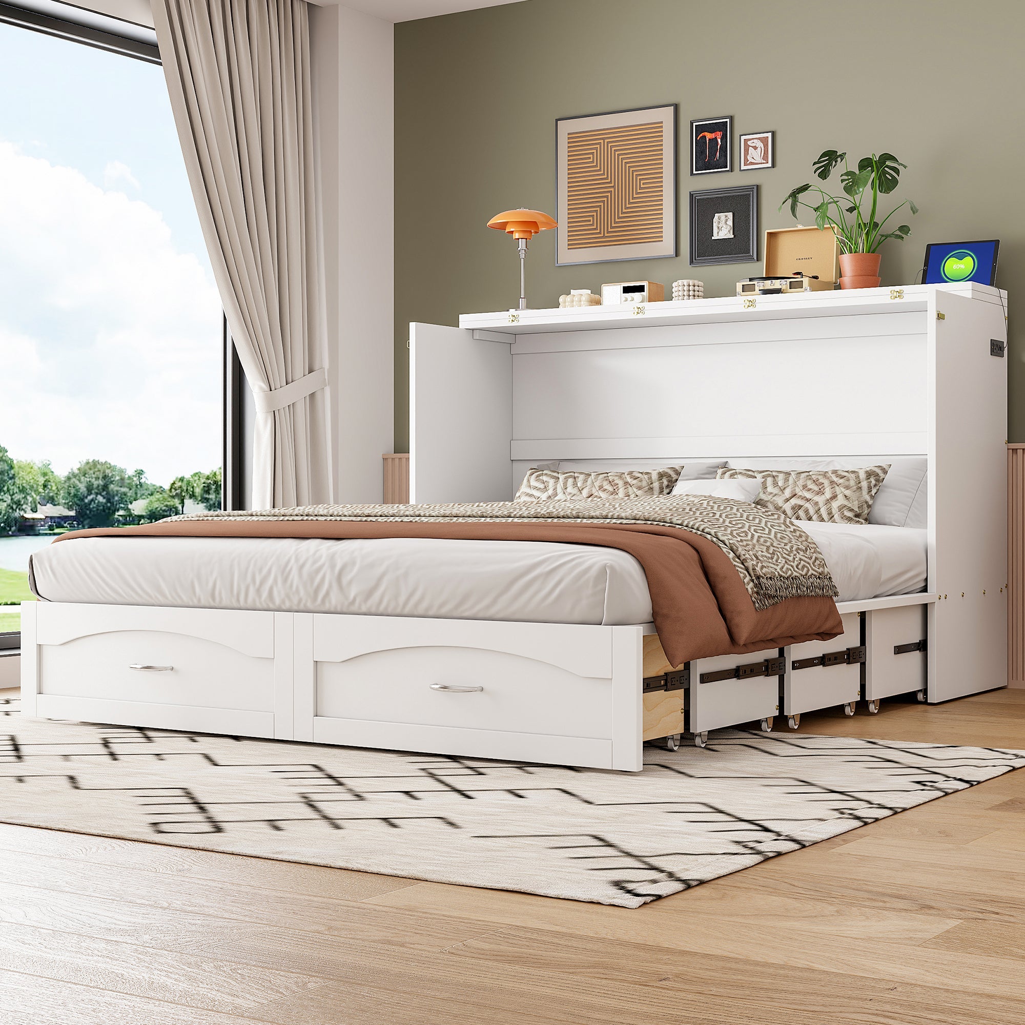 Queen Size Murphy Bed Wall Bed with drawer and a set of Sockets & USB Ports, Pulley Structure Design, White(OLD SKU: LP100671AAK)