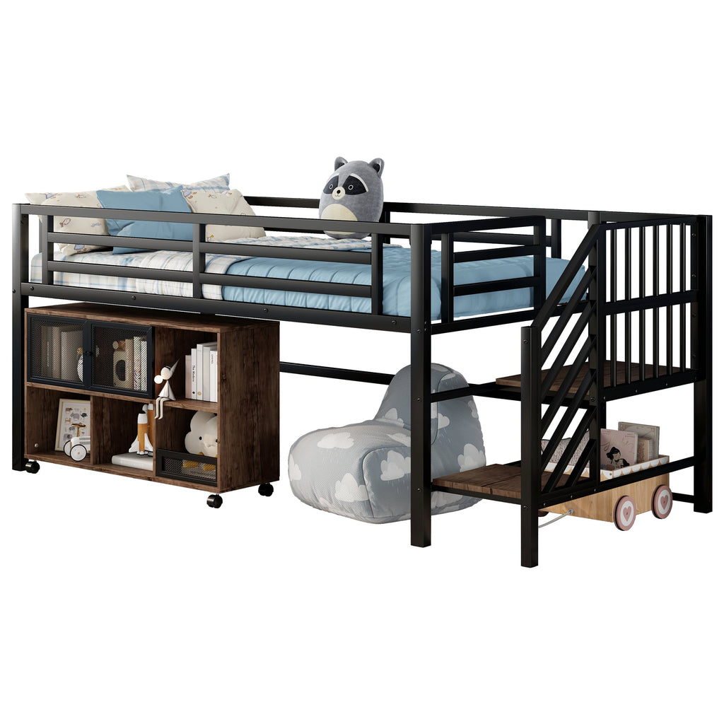 Twin Metal Loft Bed with Storage Cubby, Low Metal Loft Bed with Stairs for Kids, Black, Expect Arrival Date 2025/11/10