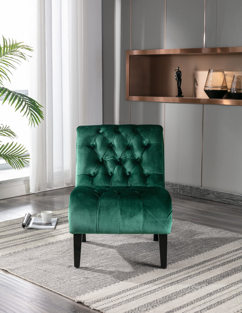 COOLMORE Modern Velvet Armless Accent Living Room Chair / Leisure Chair,Upholstered Fabric Button Comfortable Chair with Wooden Legs for Bedroom, Living Room, Office (Green Velvet)