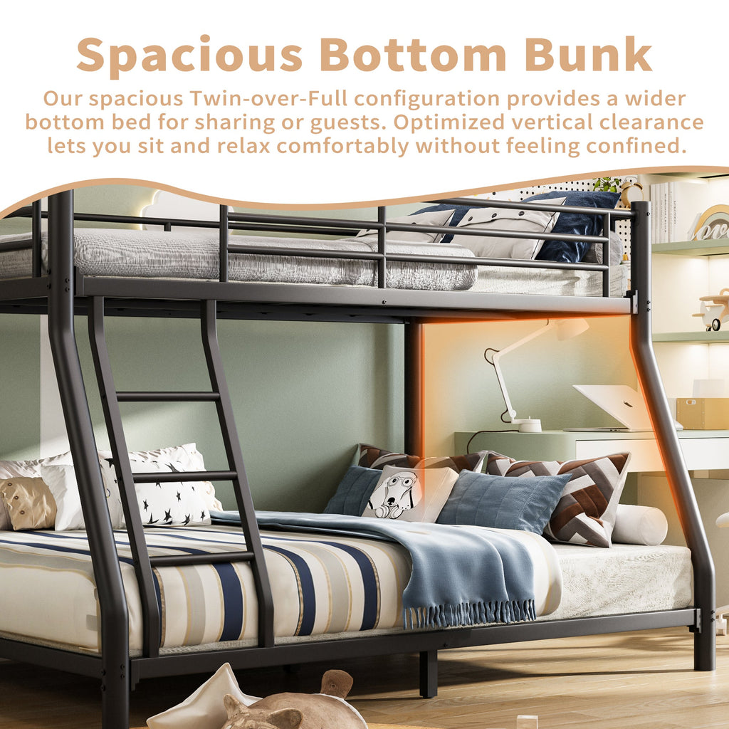 Twin Over Full Bunk Bed, Metal Bunk Bed Frame with Ladder, Safety Rail & Steel Slats, Space-Saving Bunk Beds for Kids Teens Adults, Noise Free for Dorm Bedroom, No Box Spring Needed