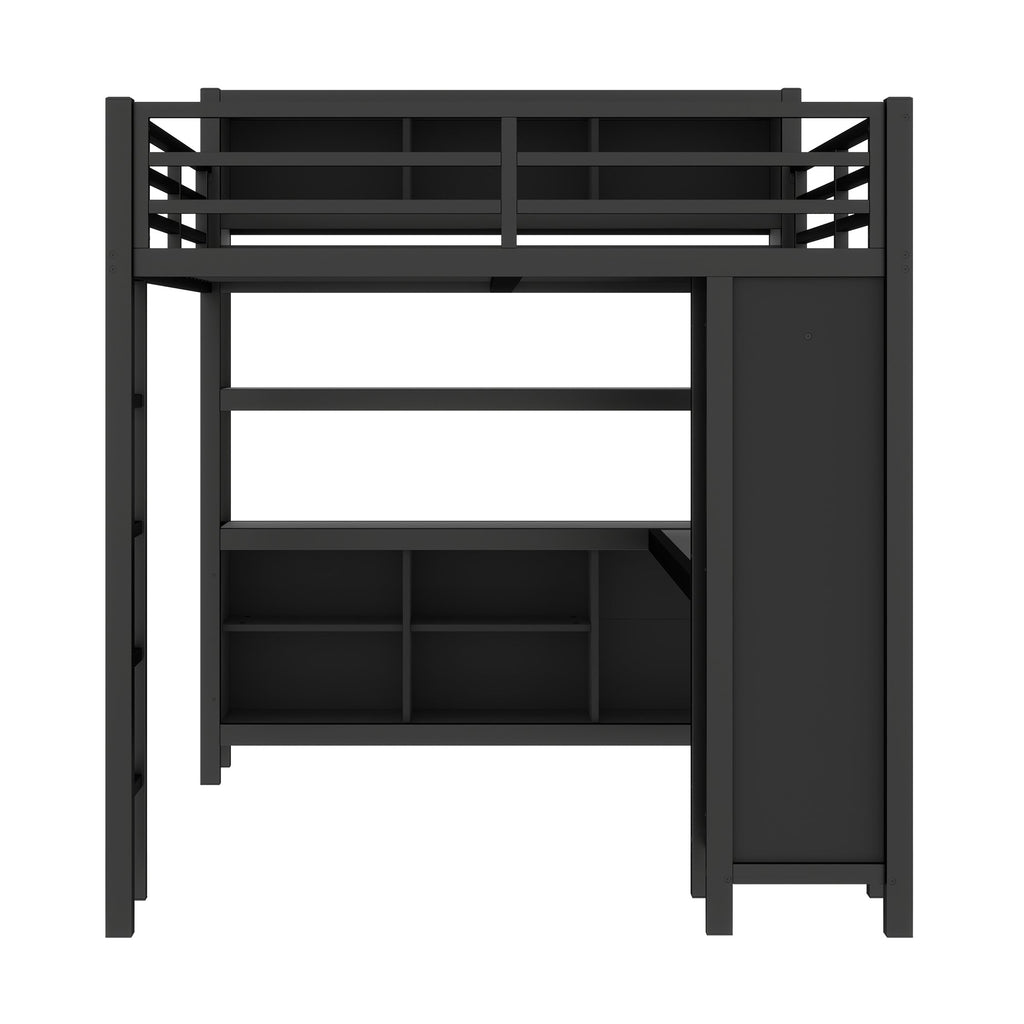 Metal Loft Bed with Wardrobe And L-shaped Desk, Queen Size Loft Bed with Storage Cubes and Shelves, Heavy Duty Loft Bed for Kids Teens Adults, Black