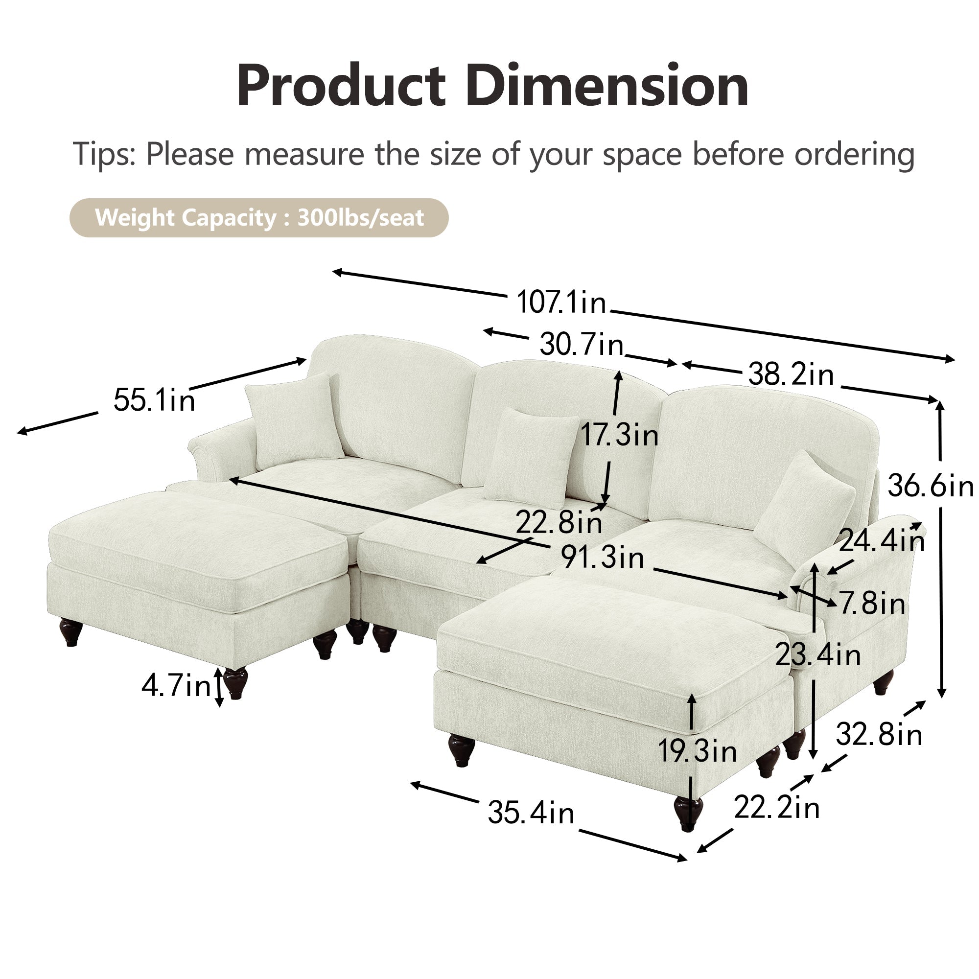 Classic Comfy Modular U Shape Sectional Sofa Couch with Flared Arms and Removable Ruffles Pleats Skirts and Spindle Legs, Upholstered Chenille Deep Seat Cloud Sofa with Movable Ottomans, Beige White