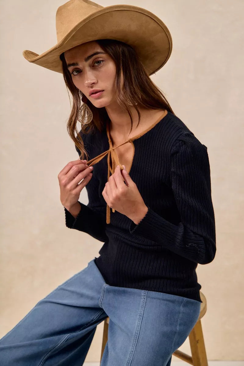 BiBi Ribbed Contrast Front Tied Top with Shrried