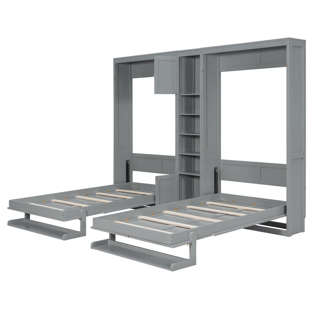 Dual Twin size Wall Murphy Beds with Cabinets and Shelves, Gray