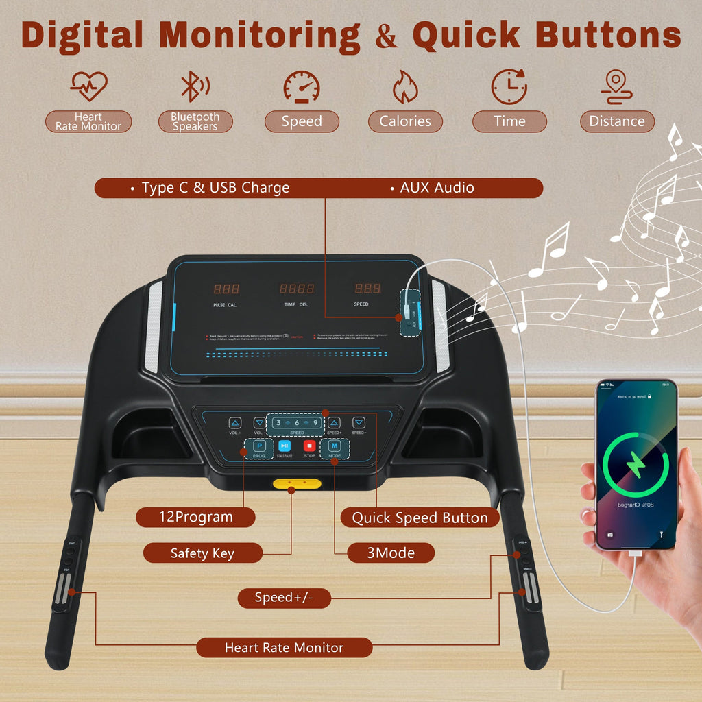 New Treadmills for Home, 3.5HP Hydraulic System Auto Foldable Treadmill with Incline,10MPH 350Lbs Weight Capacity Electric Treadmills with Heart Rate Sensors,Type C & USB Charge ,Bluetooth Speaker