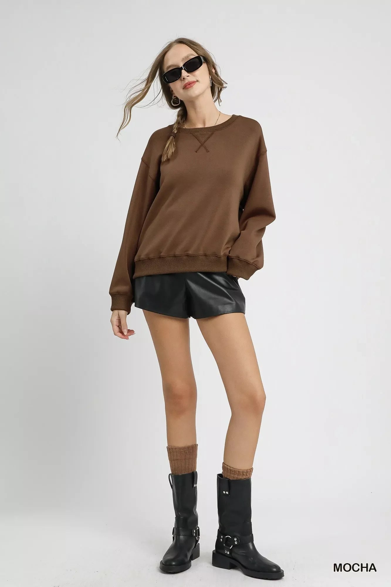 Umgee Round Neck Long Sleeve Fleece Sweatshirt