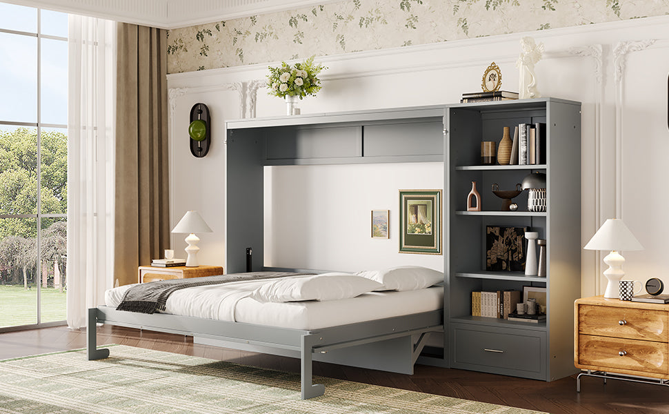 Queen Size Murphy Bed with Height Adjustable Storage Compartments and Shelf, Wall Bed Frame With 1 Drawer, Multifunctional Foldable Platform Bed for Small Space,Bedroom,Guest Room, Gray