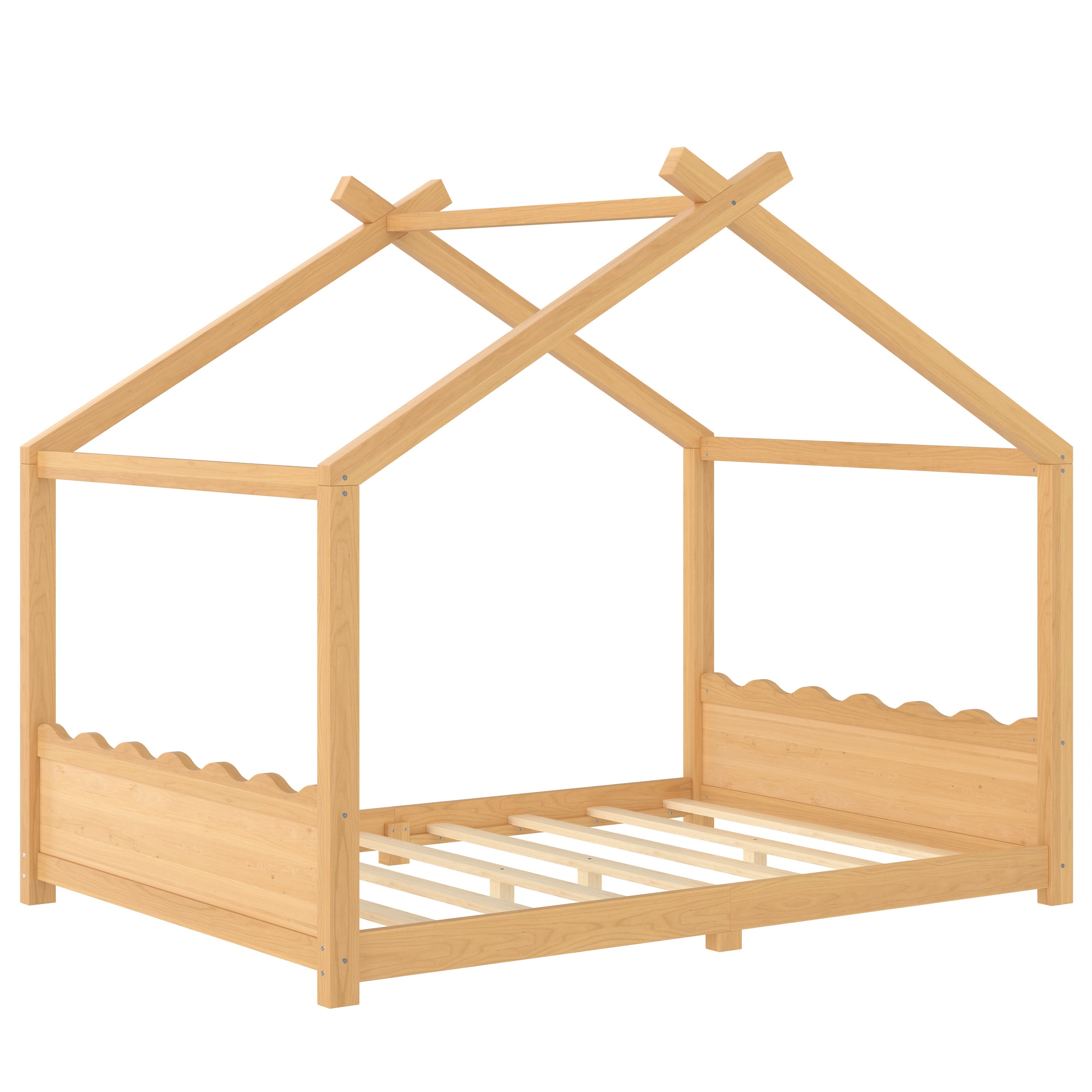 Full House Floor Bed with Support Slats, Solid Wood House Bed Frame for Kids, No Box Spring Needed and Opening Constructure, Natural