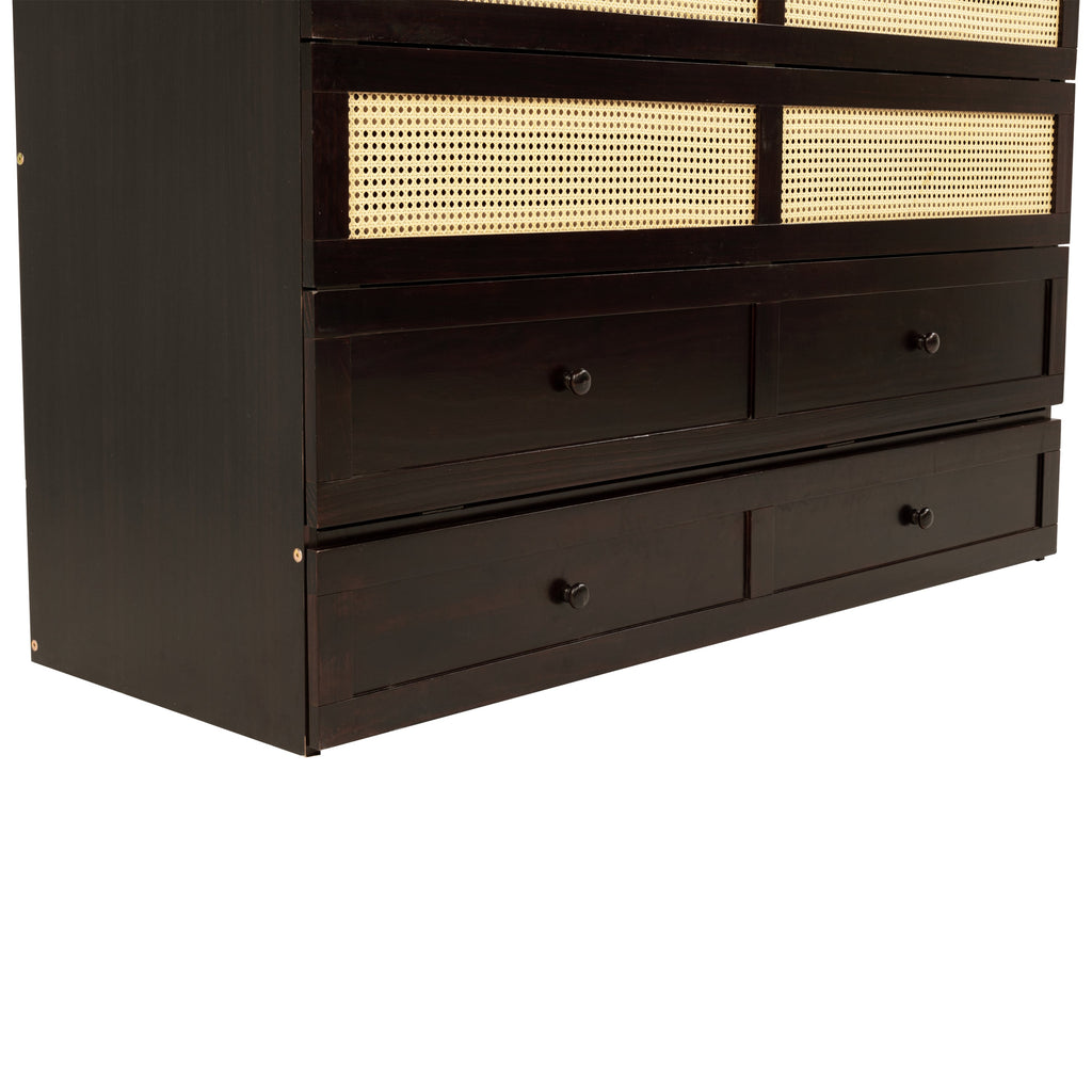 Queen Size Murphy Bed, Pine Wood Cabinet Bed with Rattan Decoration and Storage Drawer,Espresso