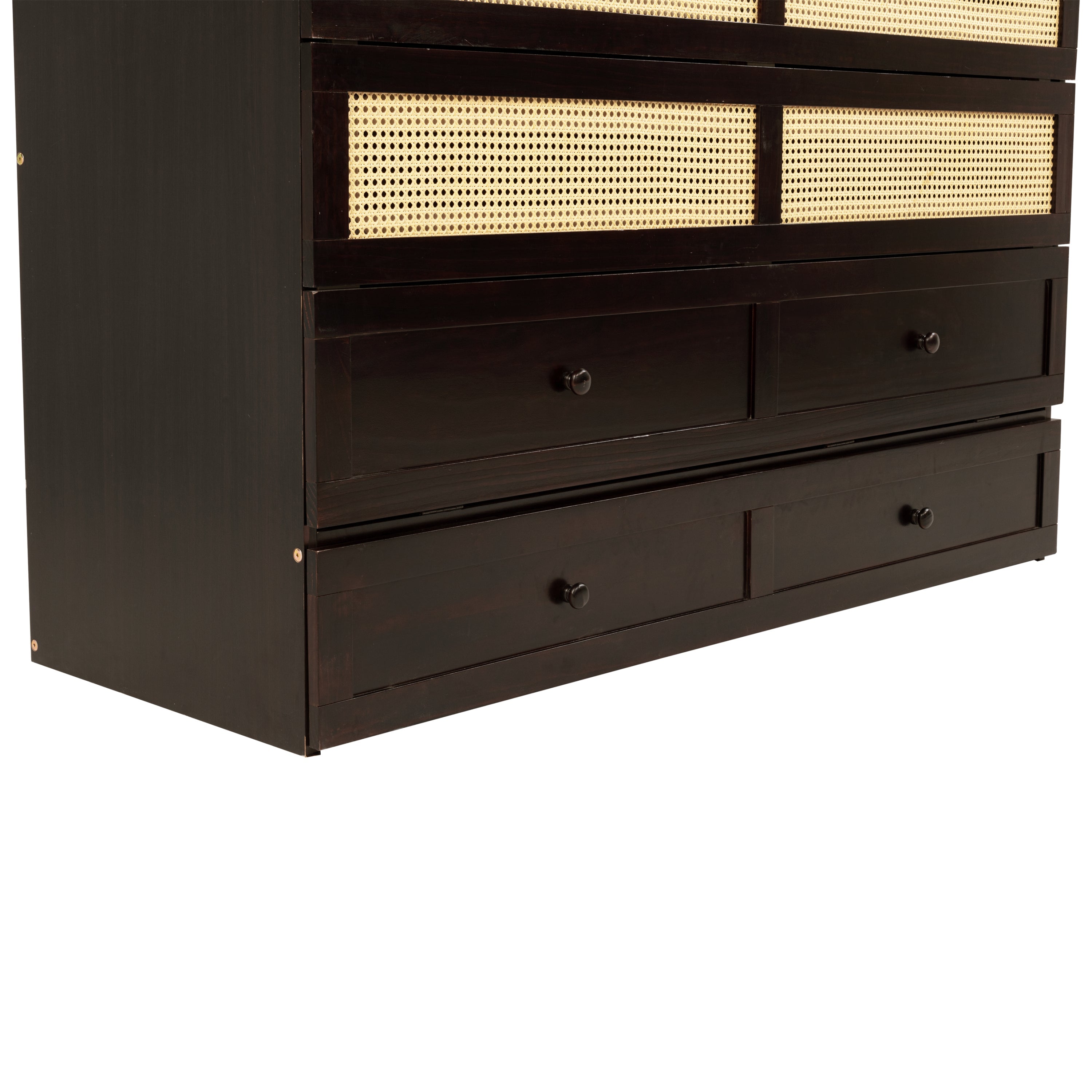 Queen Size Murphy Bed, Pine Wood Cabinet Bed with Rattan Decoration and Storage Drawer,Espresso