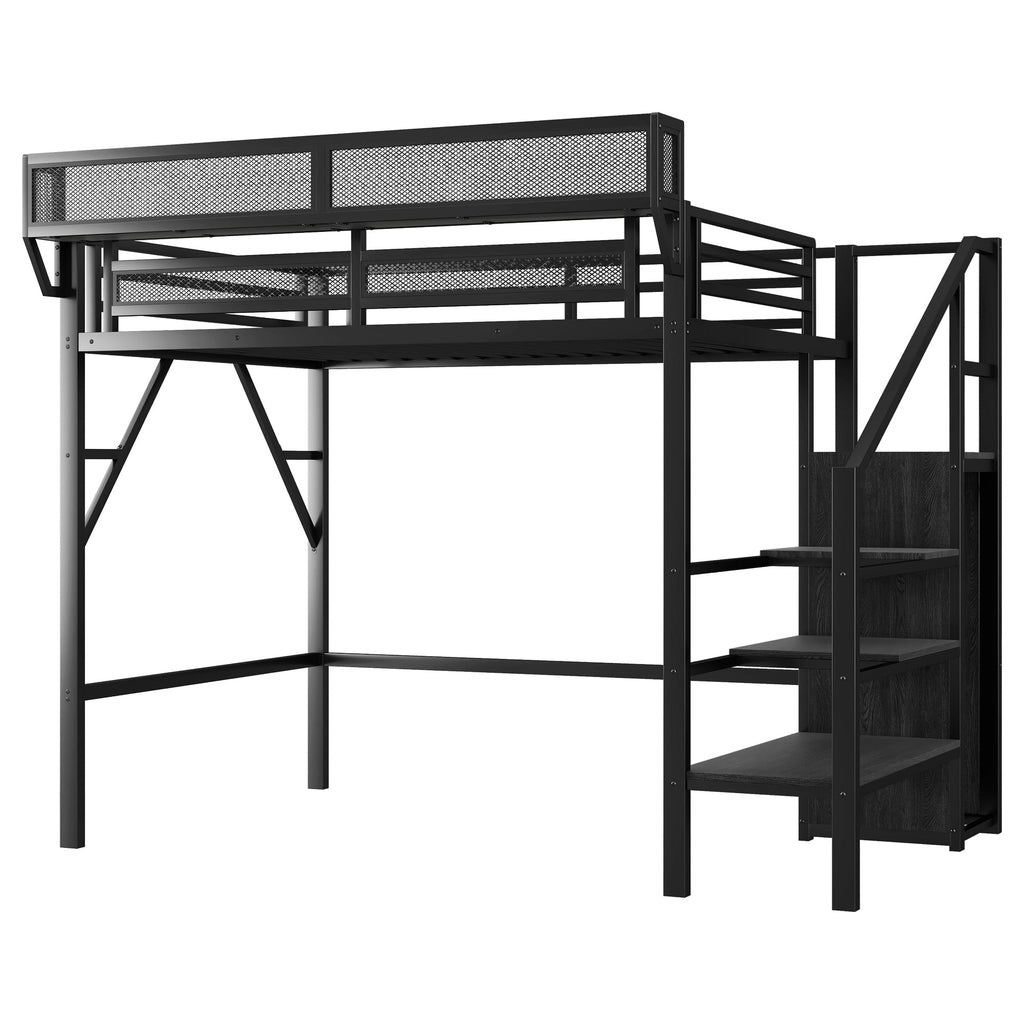 Twin Size Loft Bed with Stairs, Metal Full Loft Bed with Storage Shelves, High Loft Bed with Wardrobe for Kids Teens, Black(Expect Arrival Date 2025/9/22)