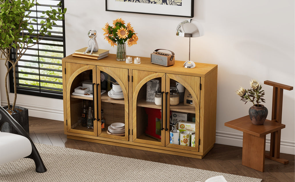 TREXM 4-Door Large Storage Sideboard Buffet Cabinet with Glass Doors, Arched Cabinet with Adjustable Shelves for Kitchen, Dining Room and Living Room (Natural Wood)