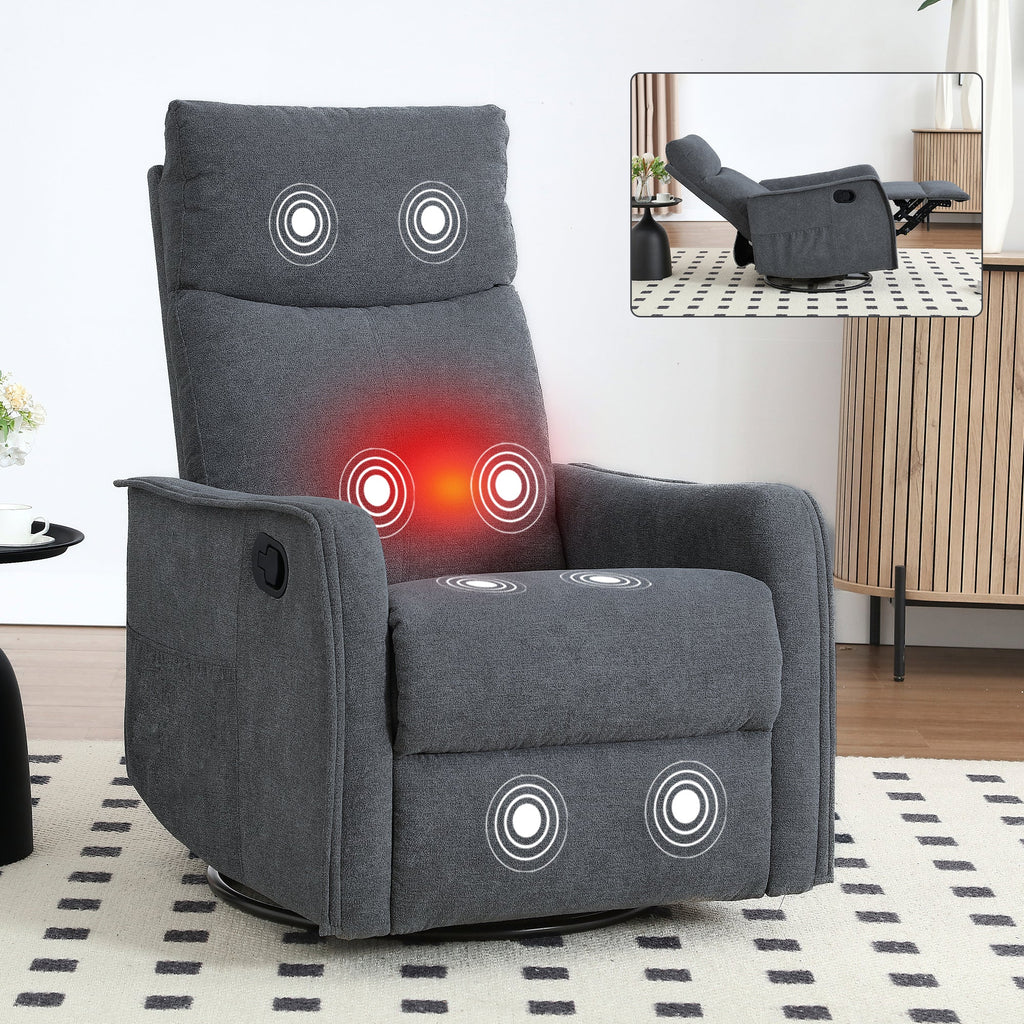 Heat Massage Manual Recliner Chair with Rocker and Swivel in Fabric for Living Room, Grey