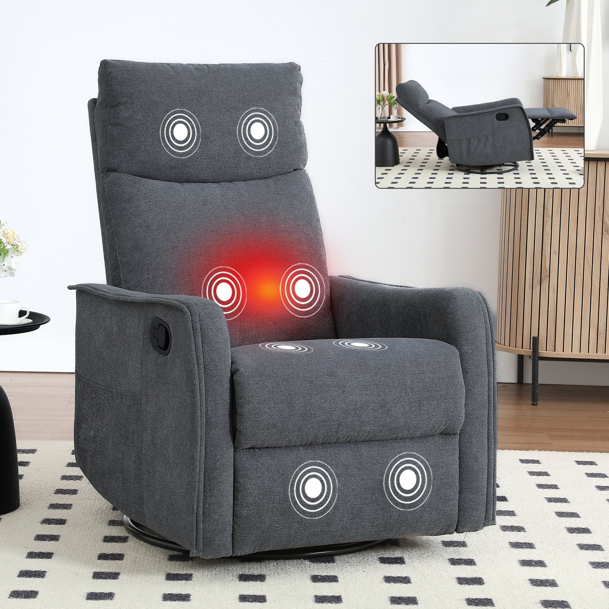 Heat Massage Manual Recliner Chair with Rocker and Swivel in Fabric for Living Room, Grey