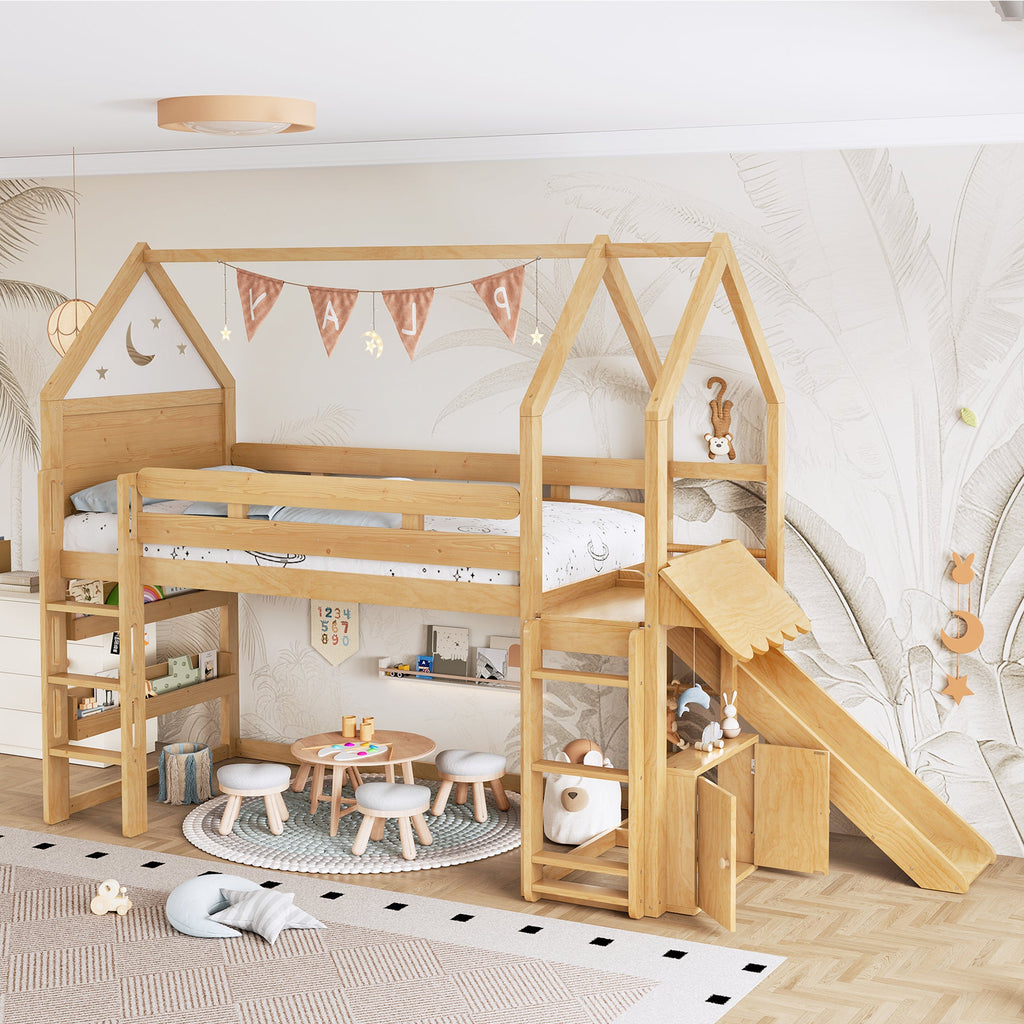 Twin Size Loft Bed with Bookshelf Playful Design for Kids House-Shaped Structure with Slide High-Quality Safety Rails,Natural