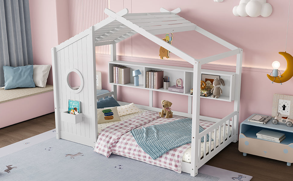 Twin Size Floor House Bed for Toddler, Kids Montessori Bed  with Storage Shelf, Playhouse Bed with Roof Design, White
