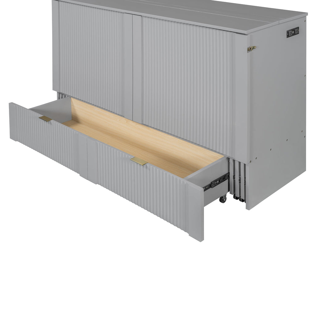 Queen Size Murphy  Bed with drawer and a set of Sockets & USB Ports, Pulley Structure Design, Gray