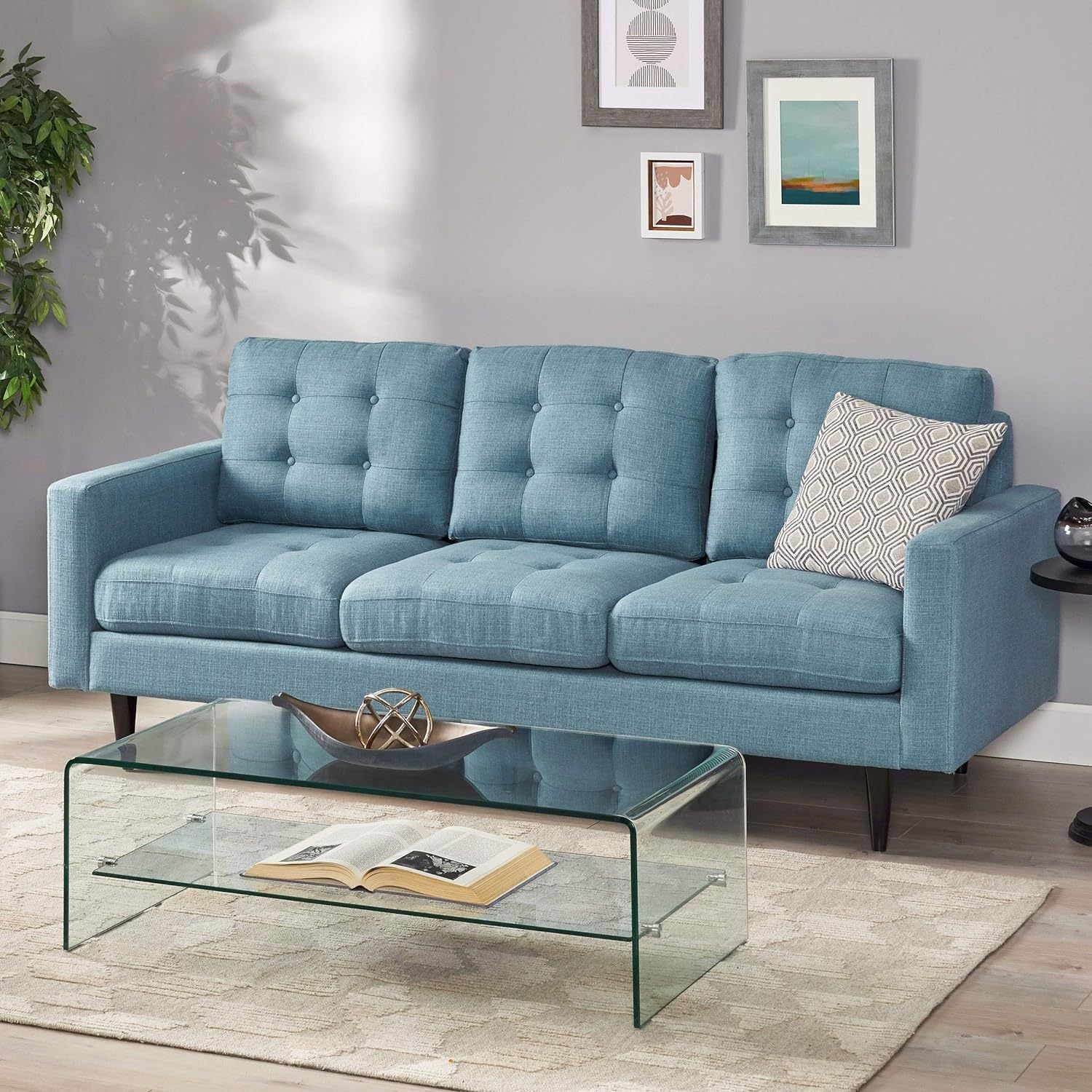 Jenny Contemporary Tufted Fabric 3-Seater Sofa, Blue, Rubberwood Frame, 82.75' Length