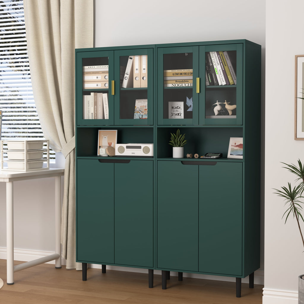 Tall Storage Bookcase with 2 Glass Display Door & 2 Doors, Tall Kitchen Pantry Cabinet with Gold Handles, Modern Cabinet Freestanding Living Room Green
