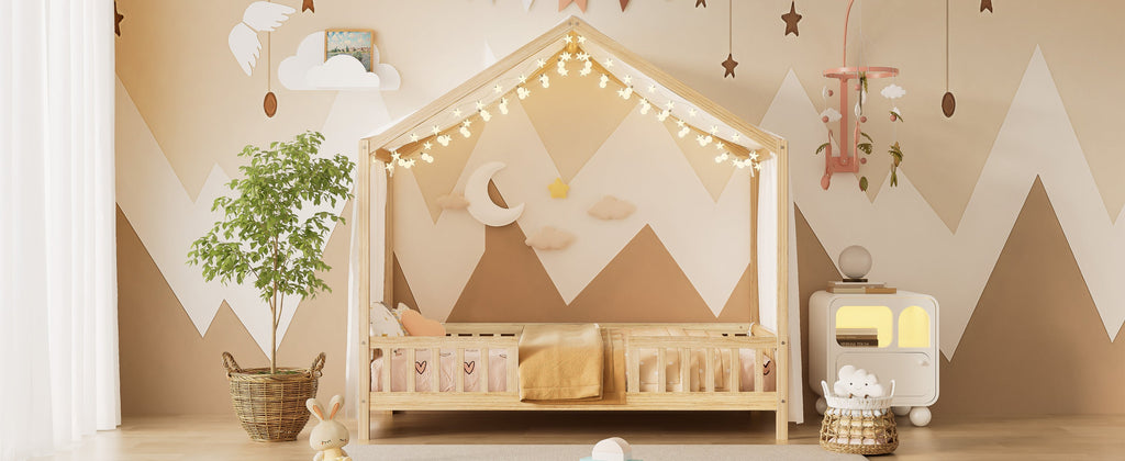 Montessori Floor Bed with Canopy, Twin Bed Frame for Kids, House Shape Kids Bed Frame with High Railings, Wood Kids Bed with Roof, Kid Twin Bed, Natural