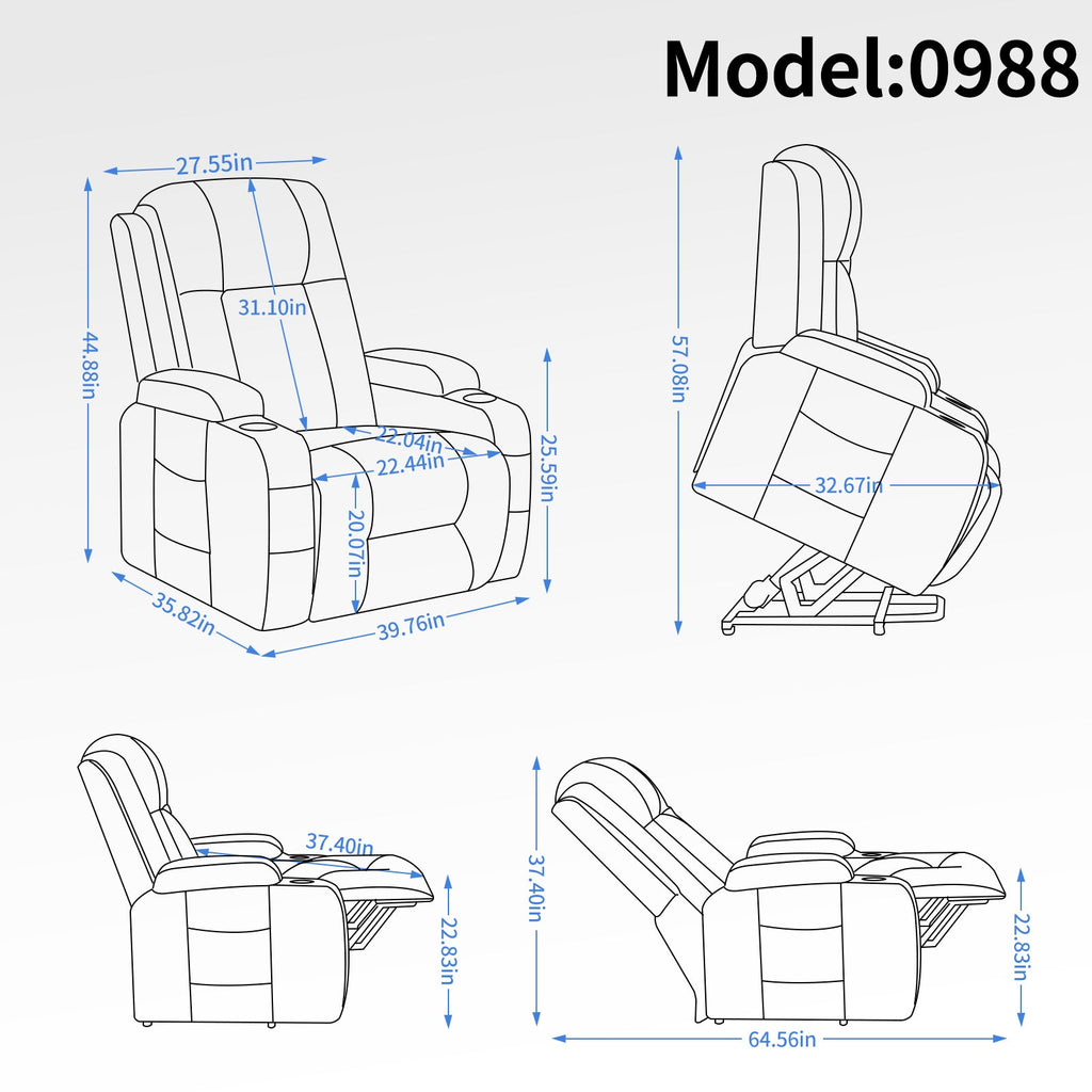 Infinite Position Single Motor Up to 350 LBS Power Lift Recliner Chair for Elderly, Heavy Duty Motion Mechanism with 8-Point Vibration Massage and Lumbar Heating, USB Charging Port, Cup Holders, Grey